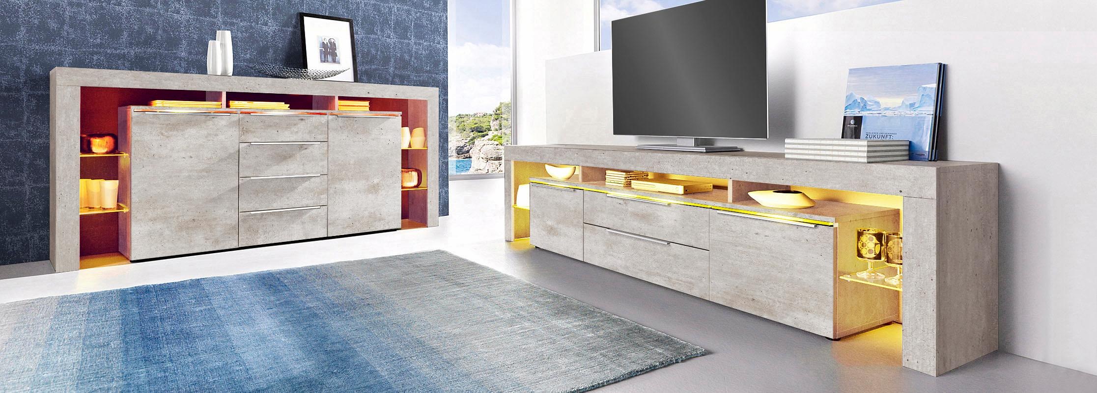 borchardt Möbel Sideboard "Lima, Breite 192cm mit Metallgriffen und Glasböden" Sehr viel Stauraum, 2 Türen, 4 Schubfächer, eleganter Überbau
