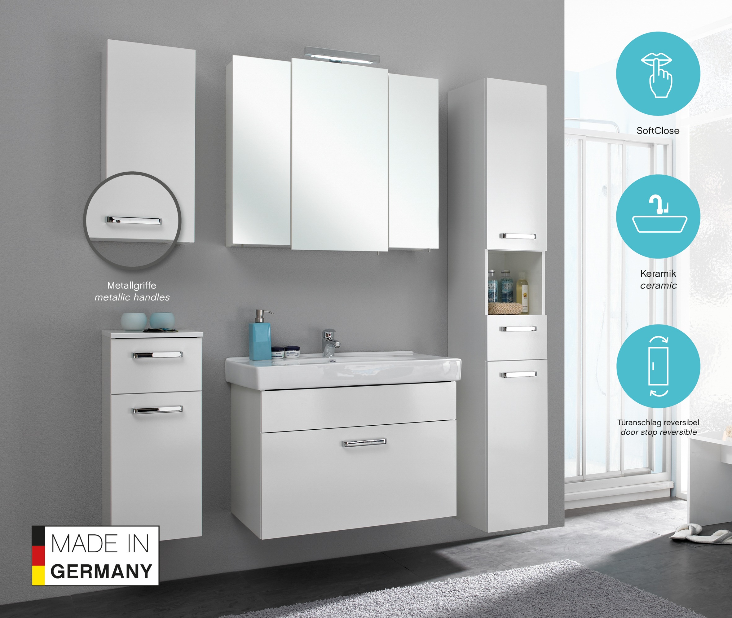 Thumbnail - Saphir Badmöbel-Set "Quickset 3-teilig, Keramik-Waschtisch mit LED-Spiegelschrank, Bad-Set" 4 Stk. tlg.