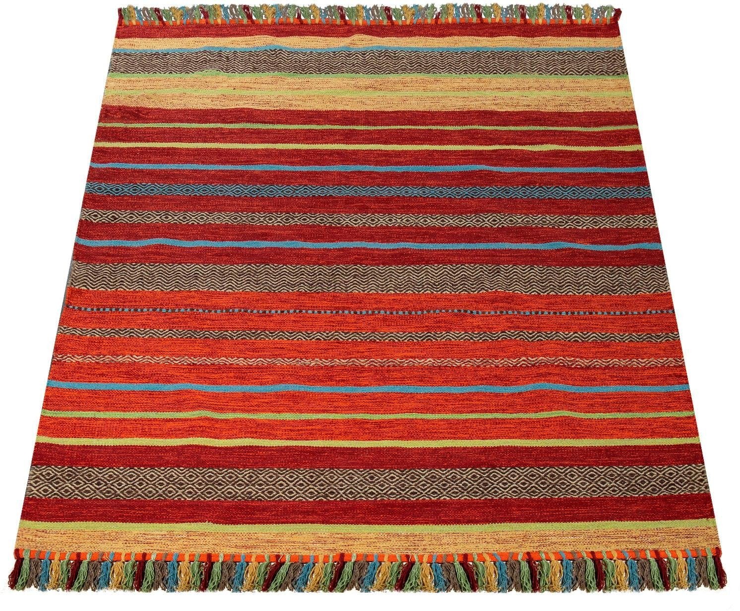 Paco Home Teppich "Kilim 213" rechteckig 12 mm Höhe handgewebter Wendeteppich, reine Baumwolle, gestreift, Wohnzimmer