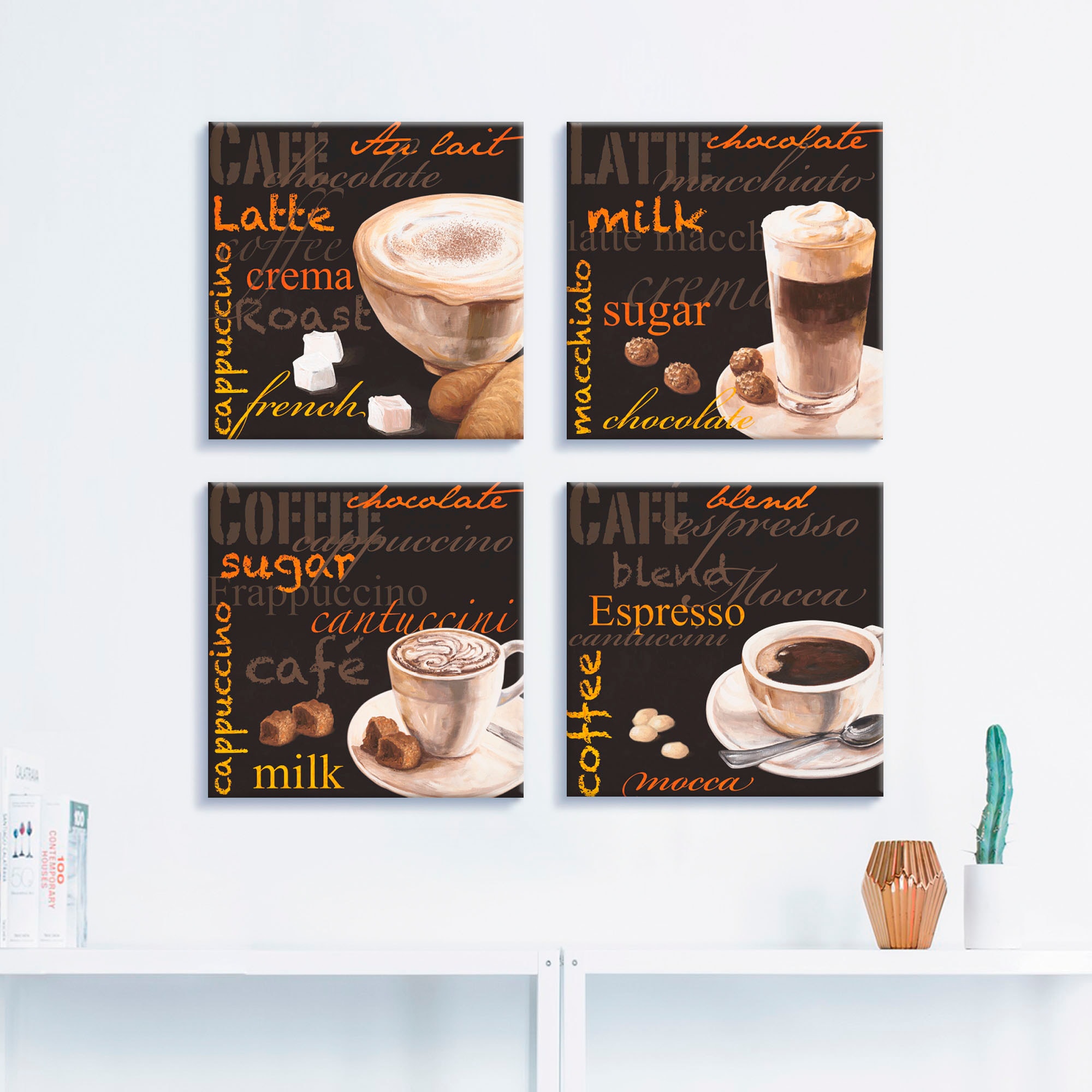 Artland Leinwandbild »Cappuccino Macchiato Coffee Espresso«, Getränke, (4 St.), 4er Set, verschiedene Größen
