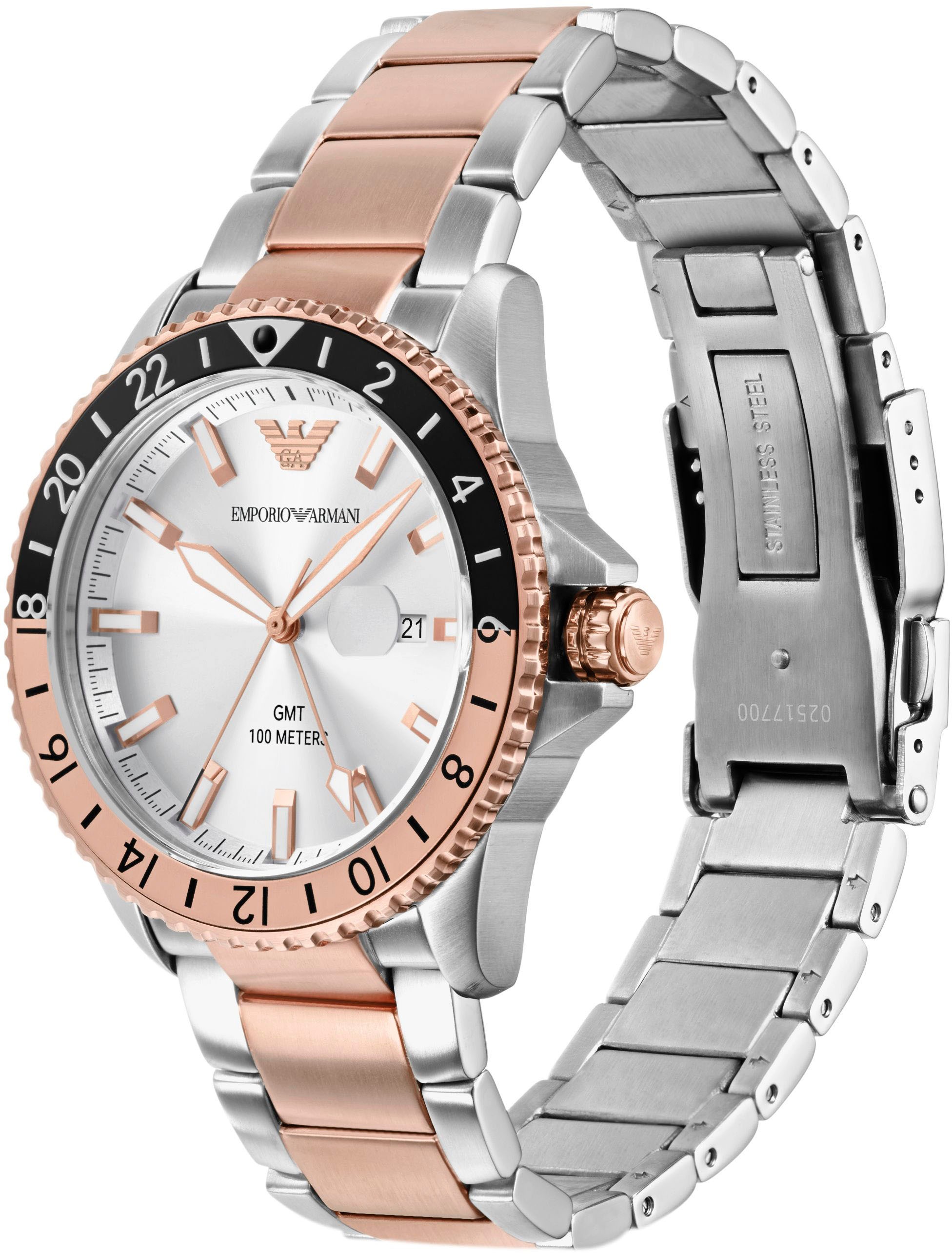 Emporio Armani Quarzuhr, Armbanduhr, Herren, GMT, Datum, bis 10 bar wasserdicht, Edelstahl
