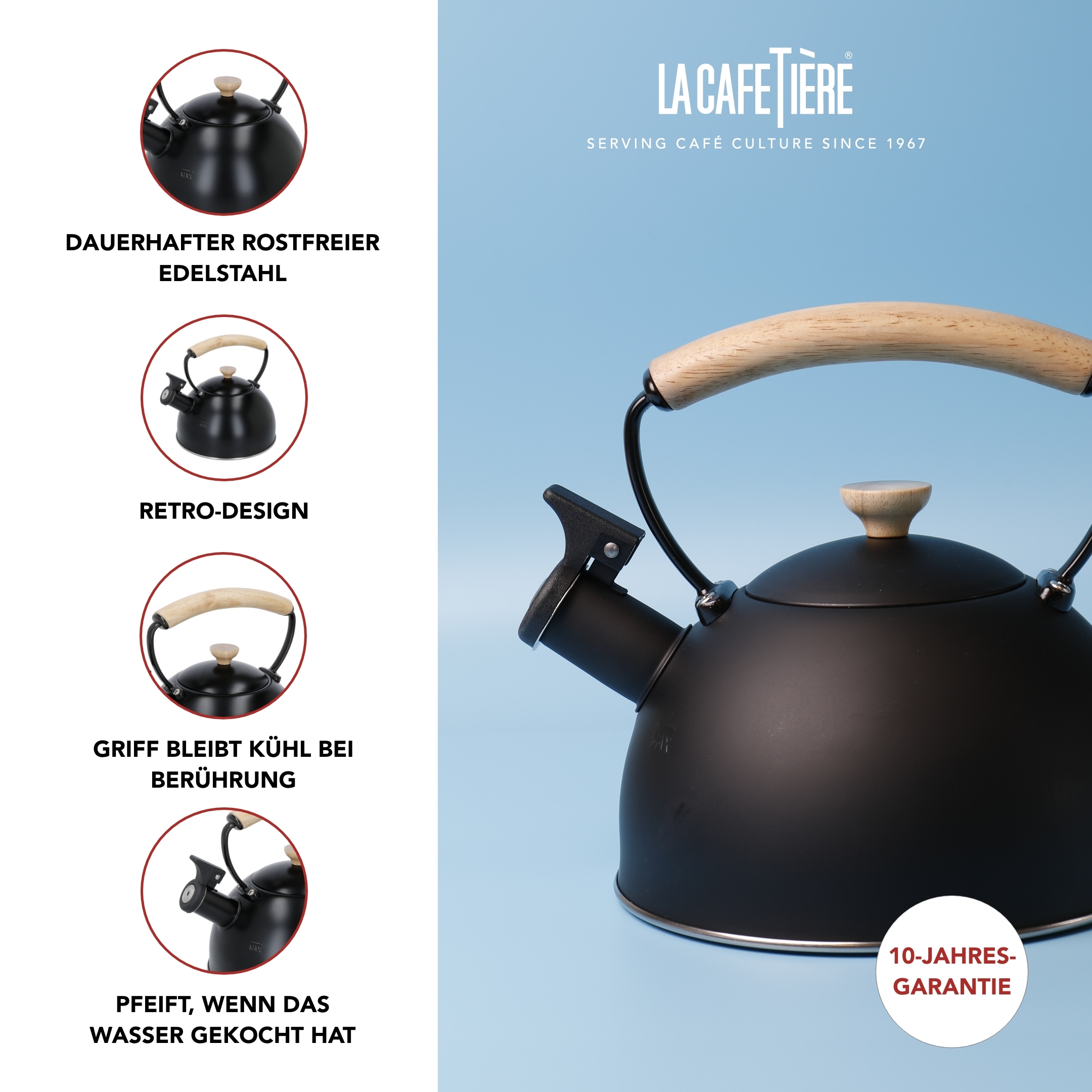 La Cafetière Wasserkessel »La Cafetière«, (1 tlg.), pfeifend, mit Holzgriff, 1,6 Liter, Induktion