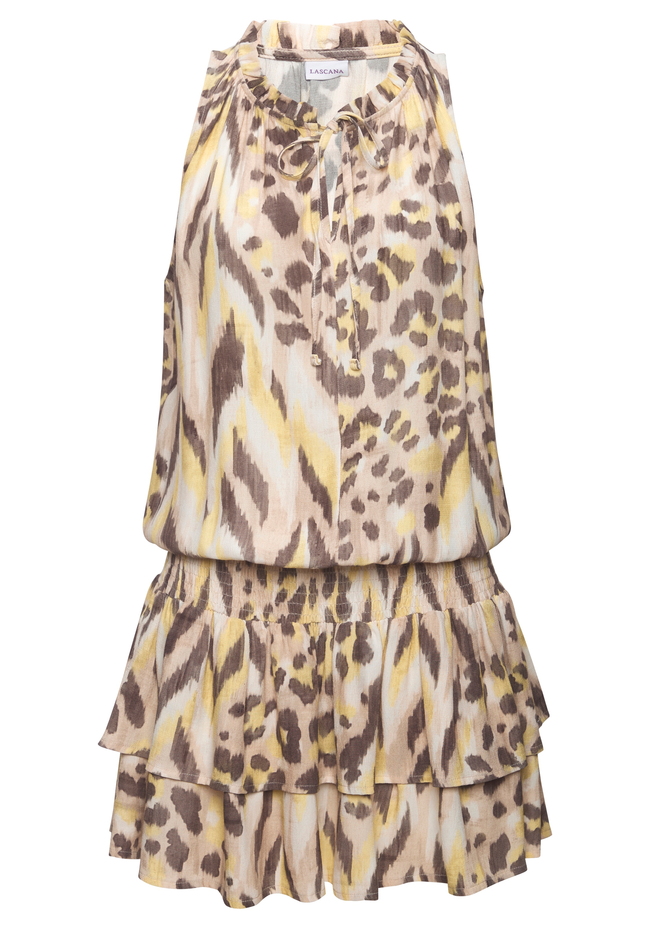 LASCANA Sommerkleid »aus leicht strukturierter Webqualität mit Rüschendetails« luftiges Partykleid, kurzes Strandkleid,Minikleid mit Volants,Festival