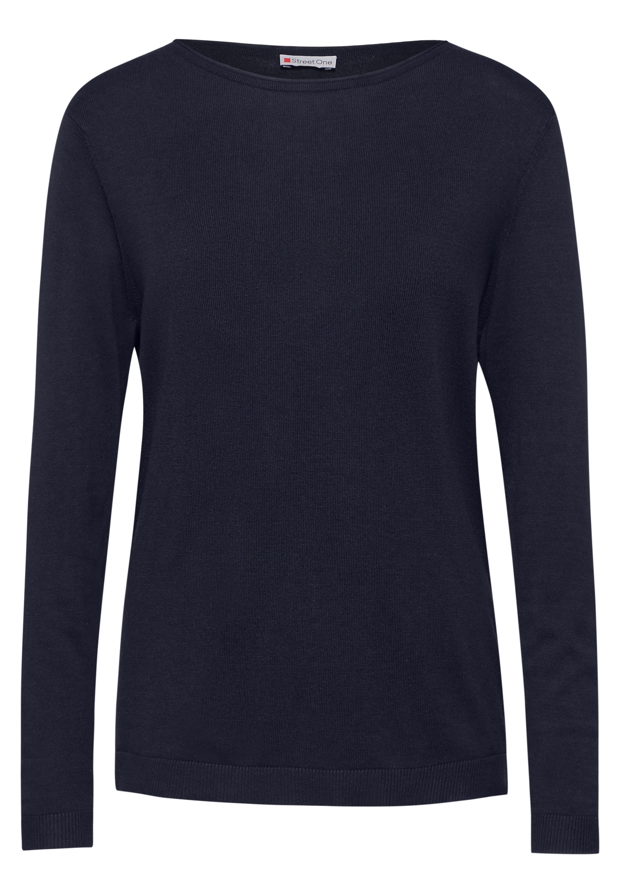 Strickpullover STREET ONE, Damen, Gr. 40, blau (tiefblau), Stoff, 60% Viskose, 40% Baumwolle, unifarben, gerade normal, U-Boot-Ausschnitt, Bündchen, Pullover Strickpullover, mit U-Boot-Ausschnitt 3