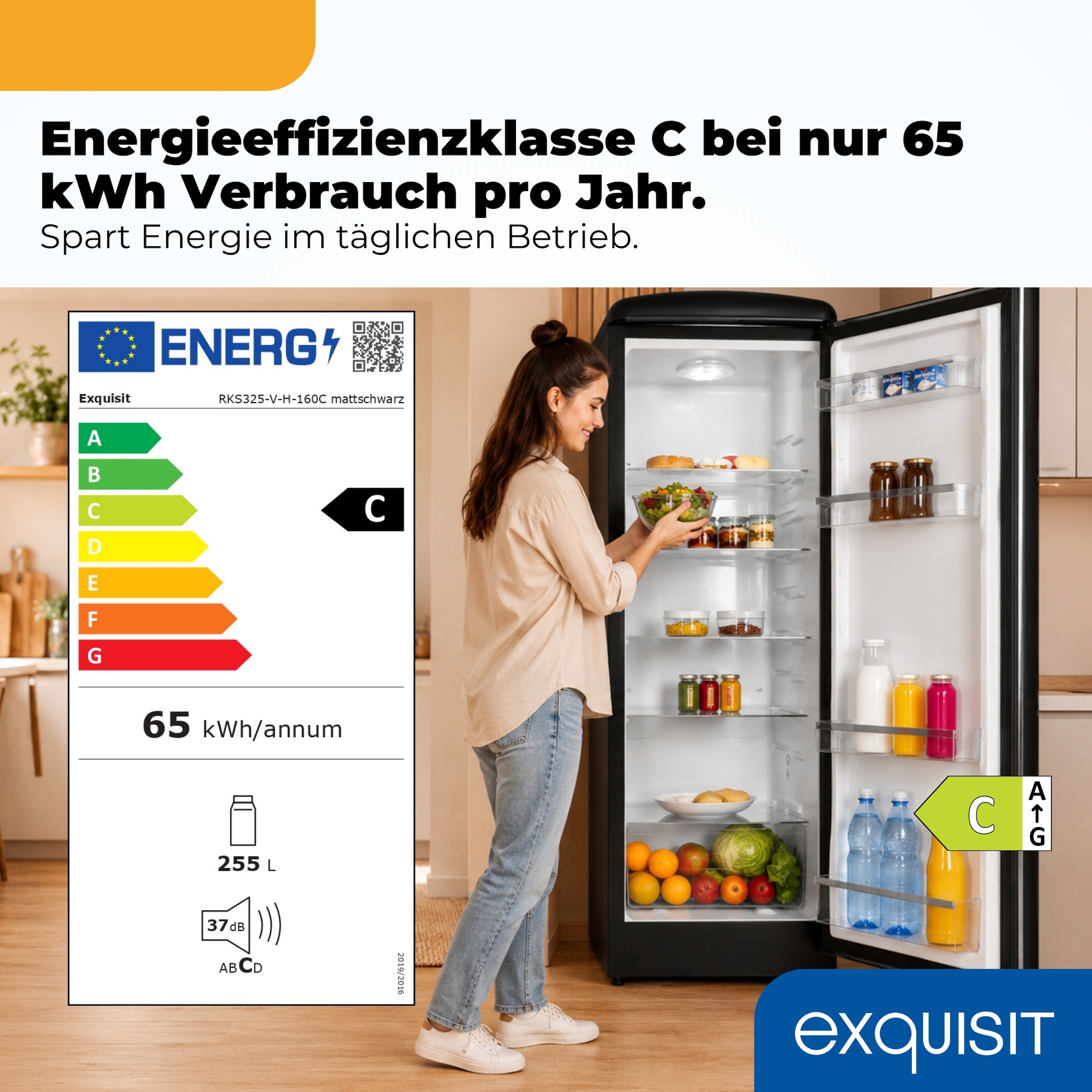 exquisit Kühlschrank »RKS325-V-H-160C mattschwarz« 146,5 cm hoch 54,5 cm breit LED-Beleuchtung, verstellbare Glasböden, Retro-Design