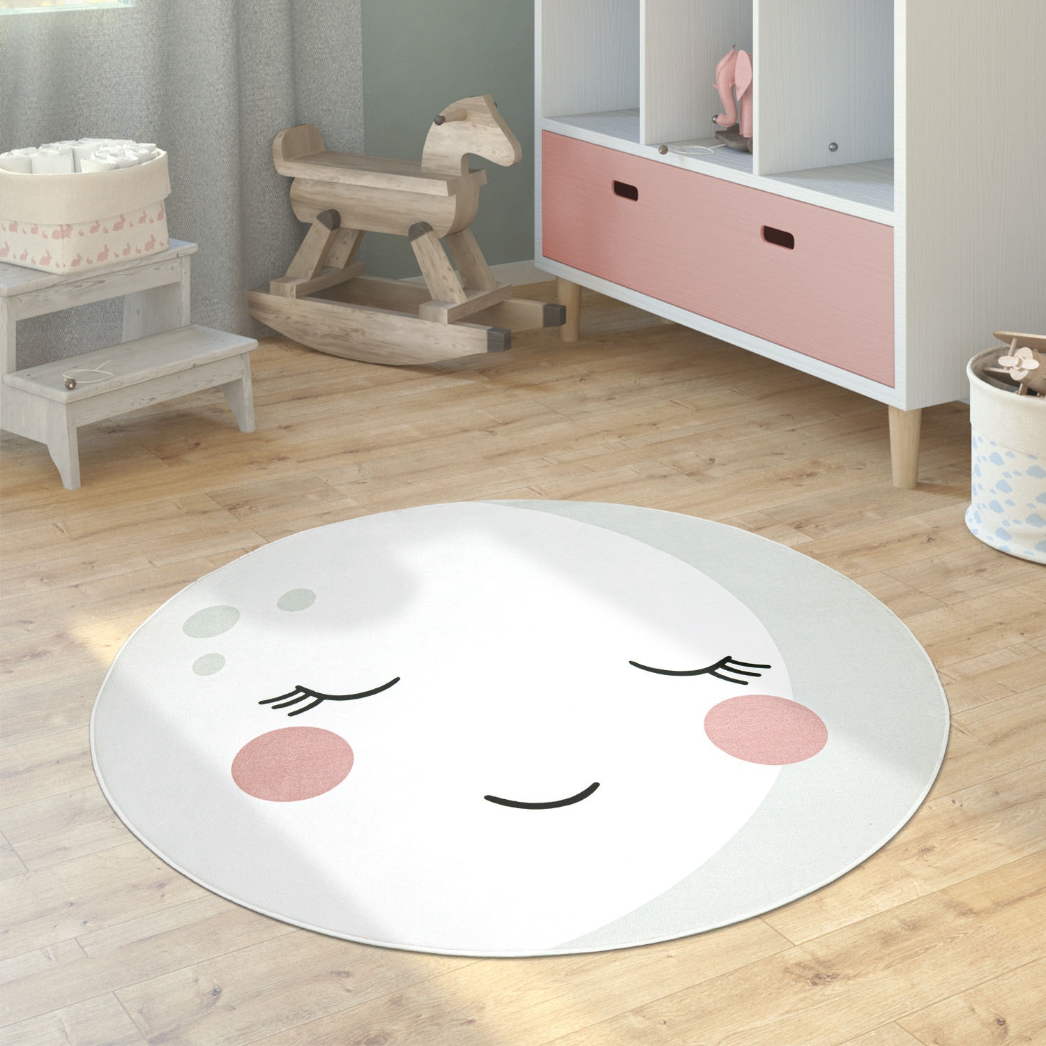 Paco Home Kinderteppich »Chicos 555«, rund, 2 mm Höhe, Flachgewebe, Motiv Mond, Kinderzimmer