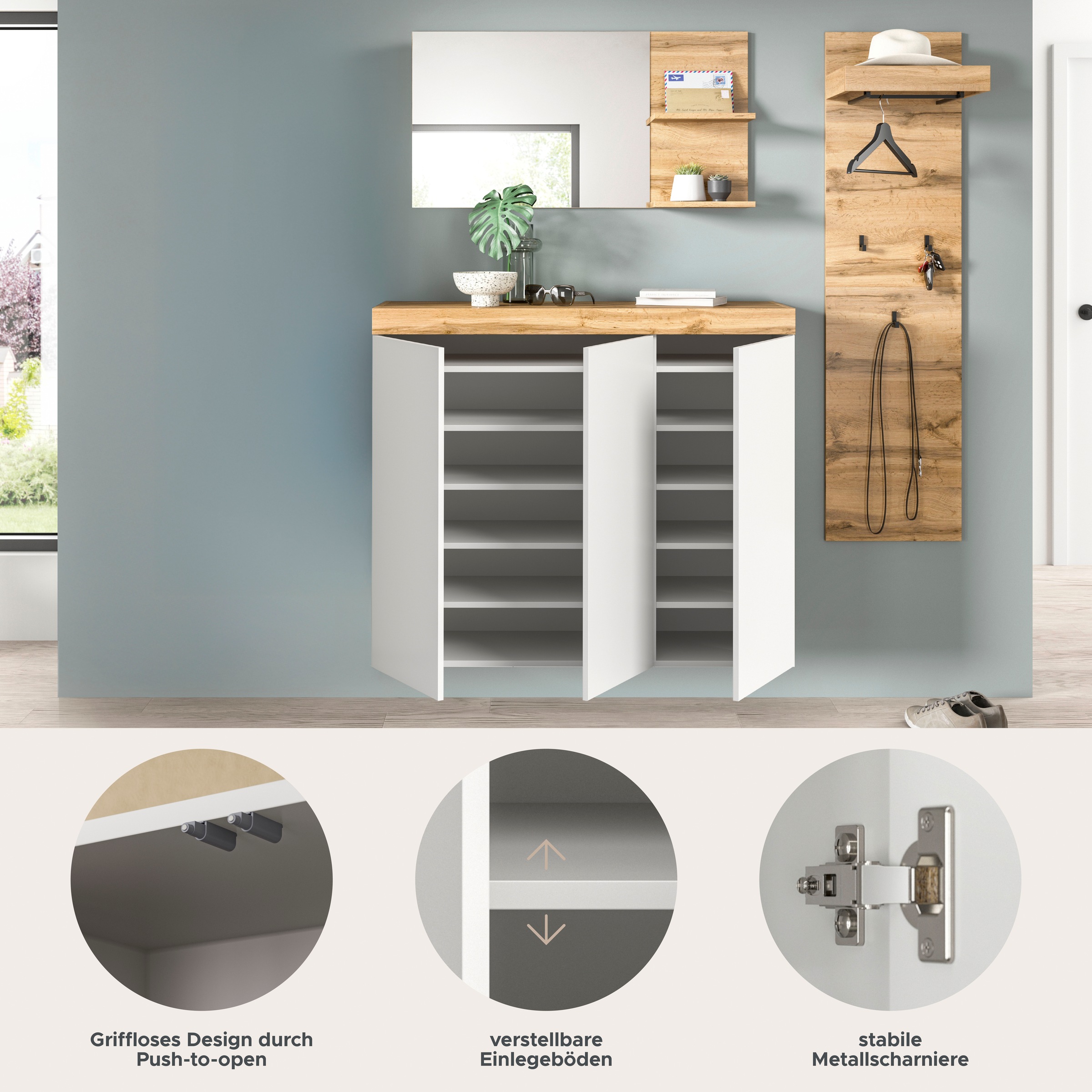 OTTO home Garderoben-Set »MAMBO, TOPSELLER!, 3-teilige Kombination, stehend & hängend montierbar« bestehend aus: Kommode, Spiegel, Garderobenpaneel, 3 Stk. tlg.