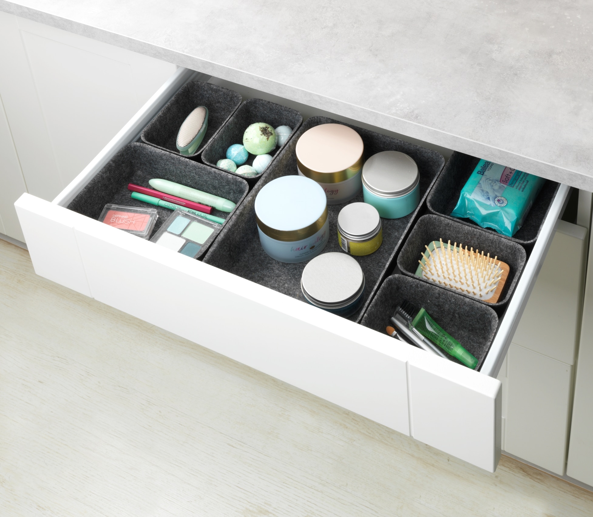 WENKO Organizer, (Set, 7 St.), Aufbewahrungsboxen für Schubladen, 3 Größen, recycelter Polyesterfilz
