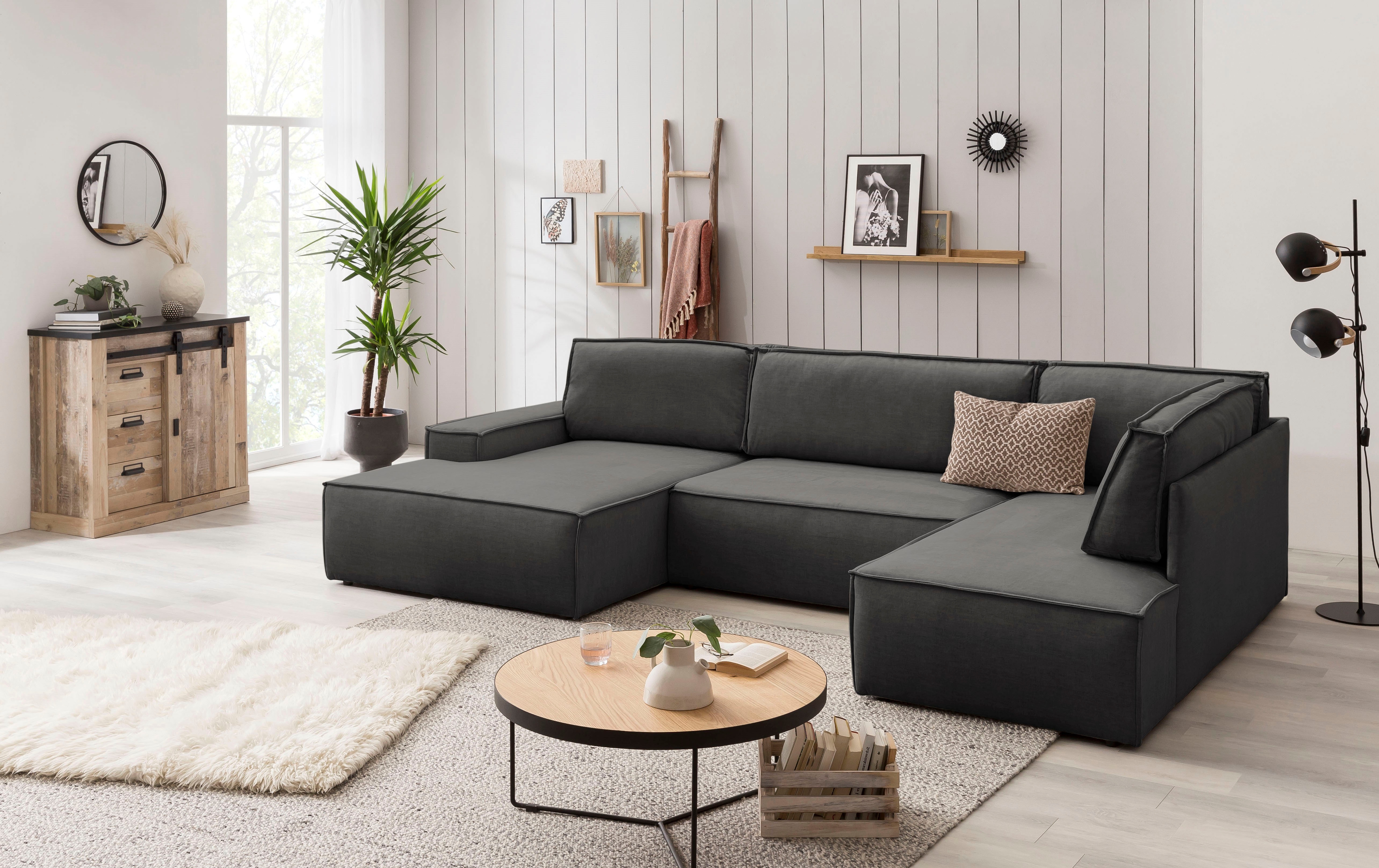 OTTO home Wohnlandschaft "SHERWOOD U-Form, 329 cm - OTTO. Verlässliche Qualität." Schlaffunktion m. Bettkasten (194x139 cm), Cord, Vintage, Samtvelours