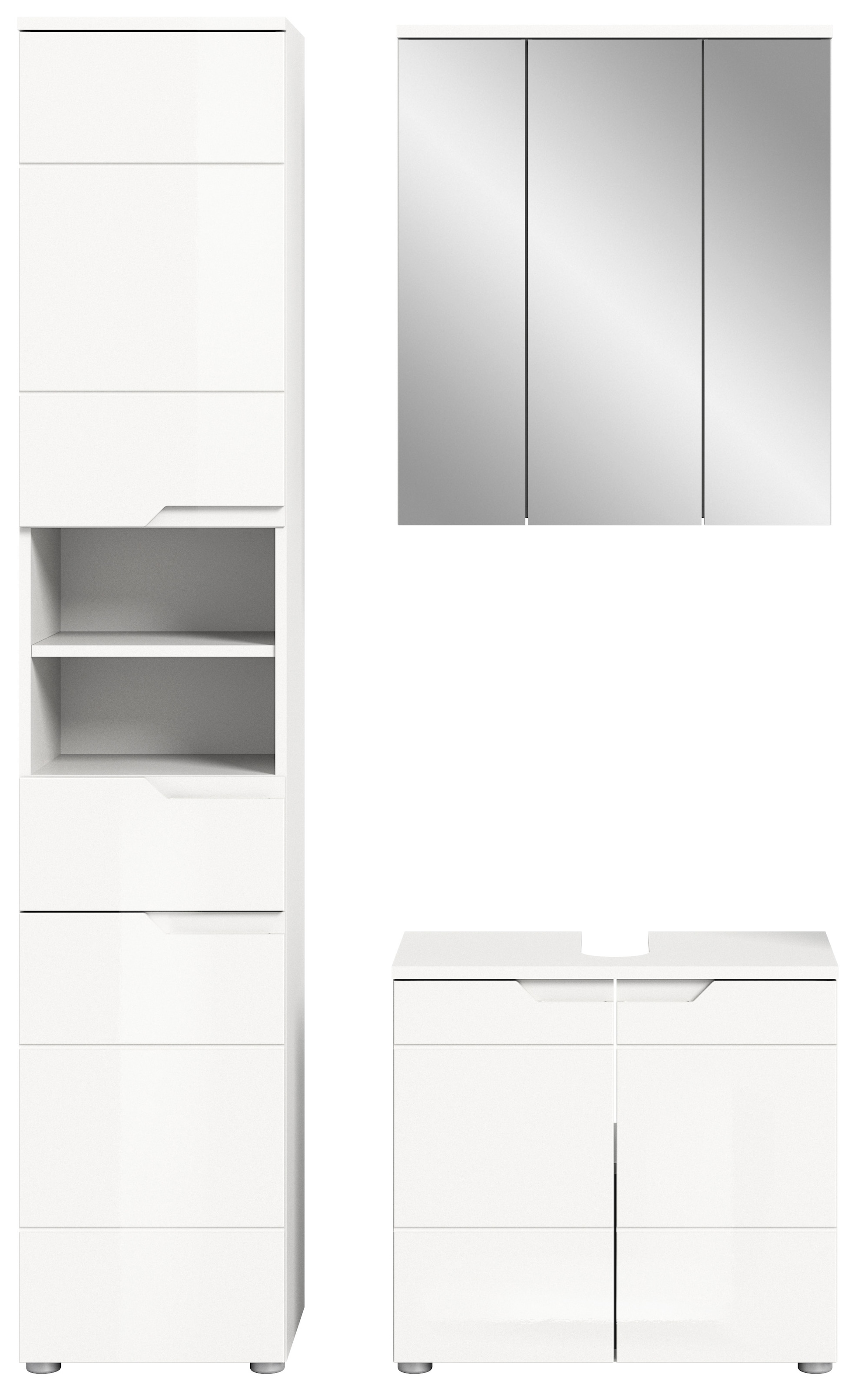 INOSIGN Badmöbel-Set »CAPRI, 3-teilig, mit eingefasster Griffmulde, bestehend aus:«, Hochschrank, Waschbeckenunterschrank und Spiegelschrank