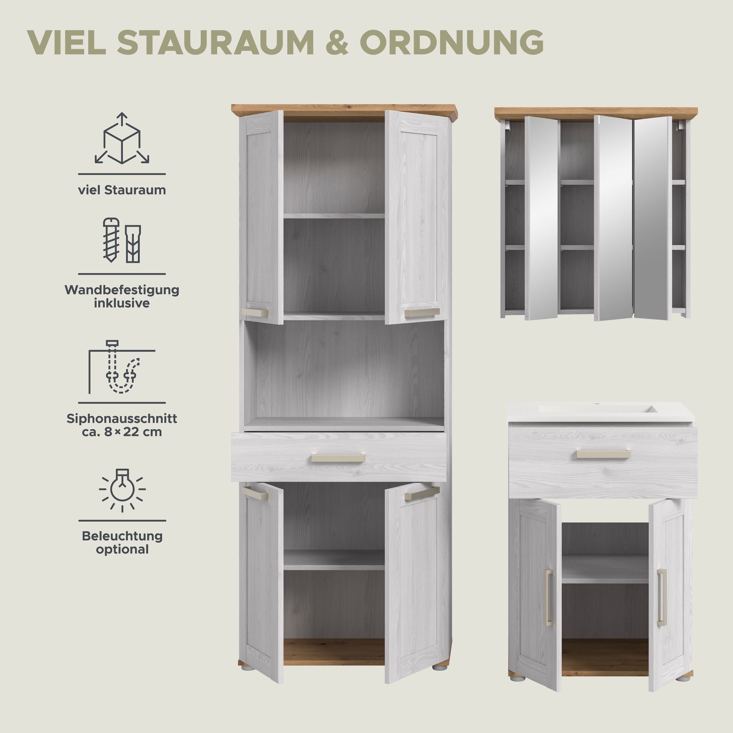 welltime Badmöbel-Set »COSENZA, 3-teilig, in Landhausoptik, mit farblich abgesetztem Kranz« best.aus: Hochschrank, Waschtisch inkl. Waschbecken & Spiegelschrank, 3 Stk. tlg.