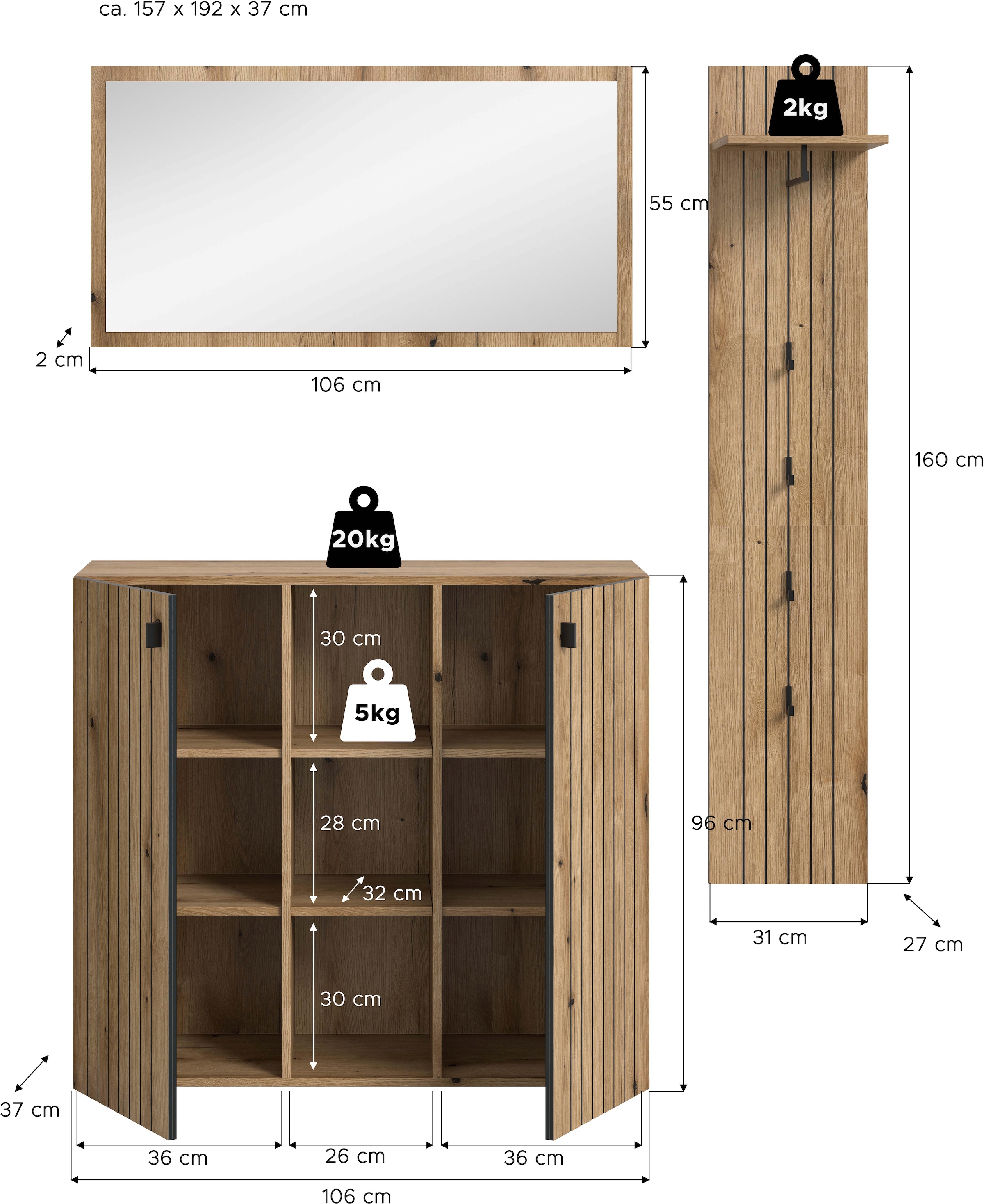 INOSIGN Garderoben-Set »TATIO, 3-tlg. Garderobenkombination, Breite:157cm, Rillenfräsung« Set, Set, best. aus: 1 Spiegel, 1 Garderobenpaneel, 1 Schuhkommode, 3 Stk. tlg.