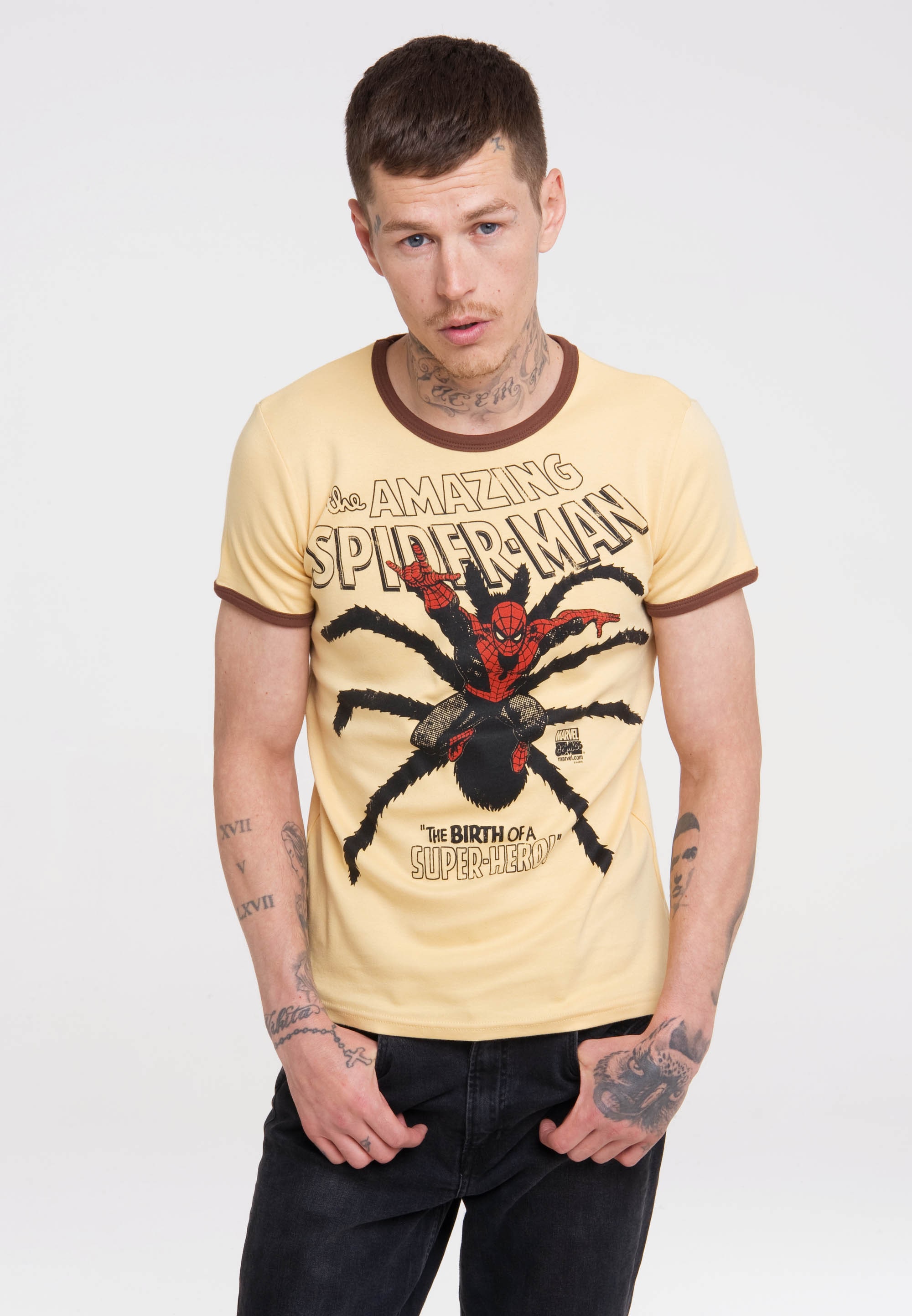 T-Shirt farblich »Spider-Man«, LOGOSHIRT ▷ Bündchen BAUR abgesetzten für mit |