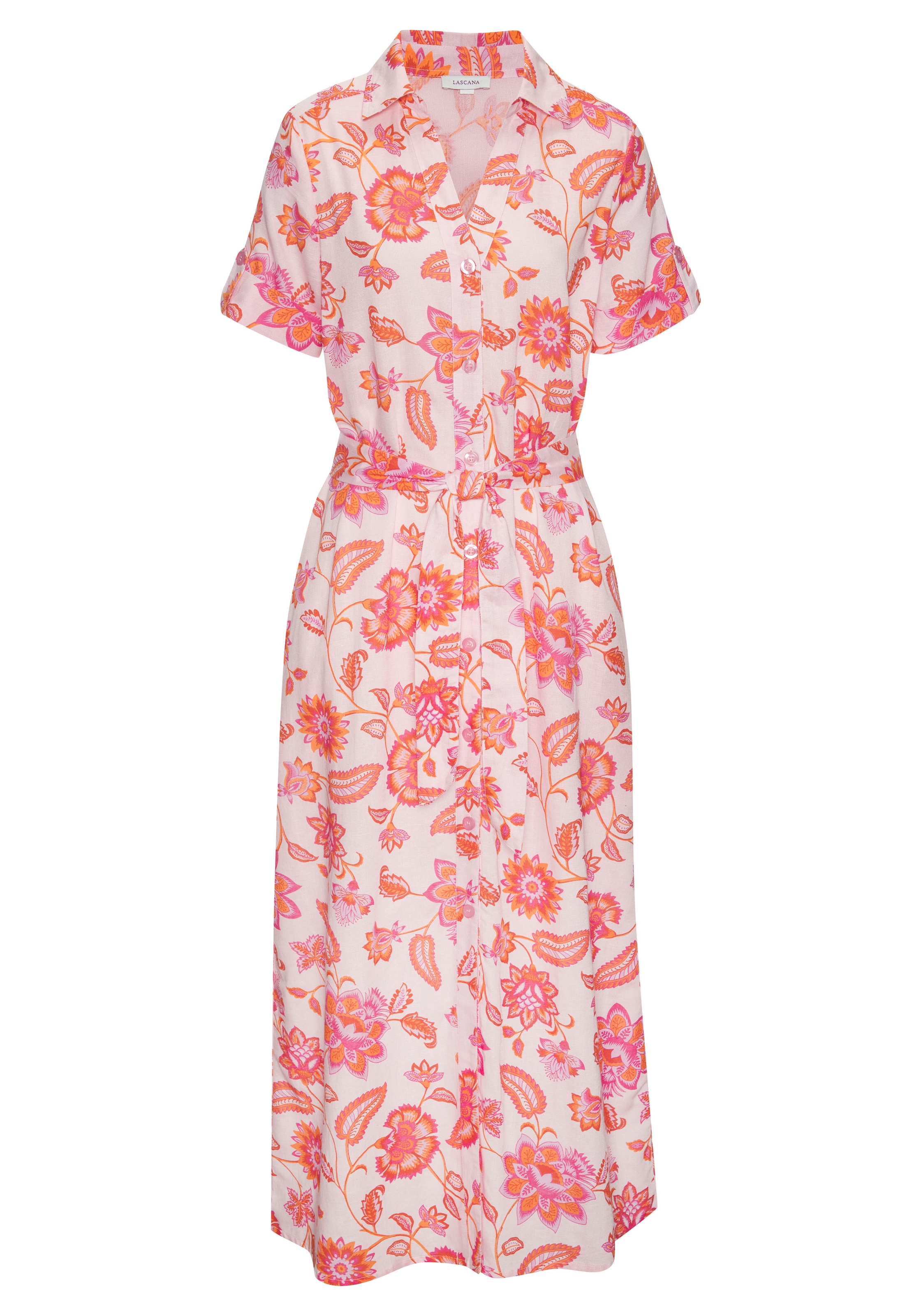LASCANA Hemdblusenkleid, (mit Bindegürtel), aus Leinenmischgewebe, Seitennahttaschen, Alloverprint