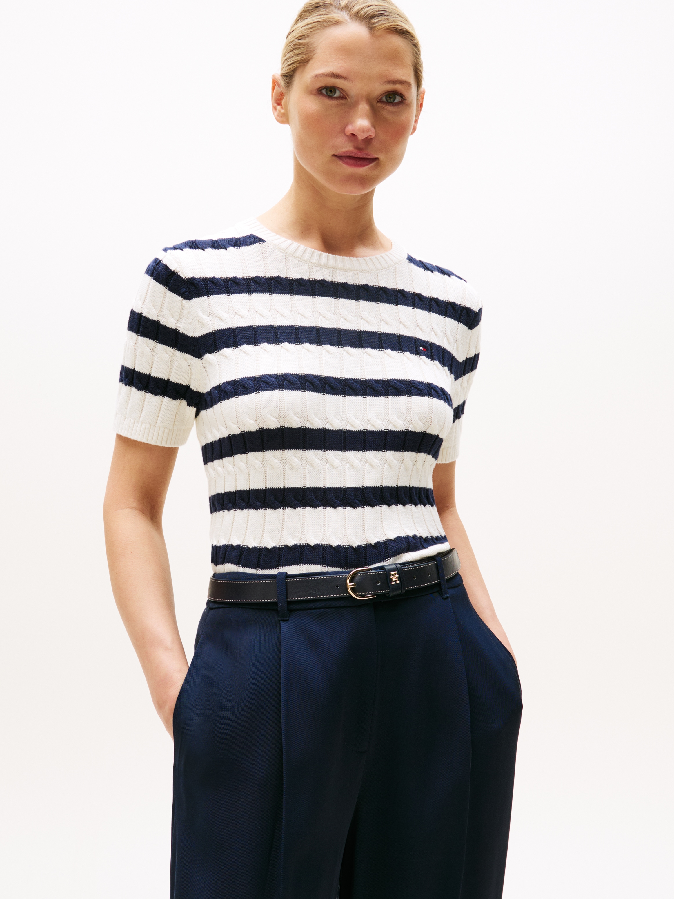 Tommy Hilfiger Kurzarmpullover "CO CABLE MID GG S/S C-NK SWT", mit Zopfmust günstig online kaufen