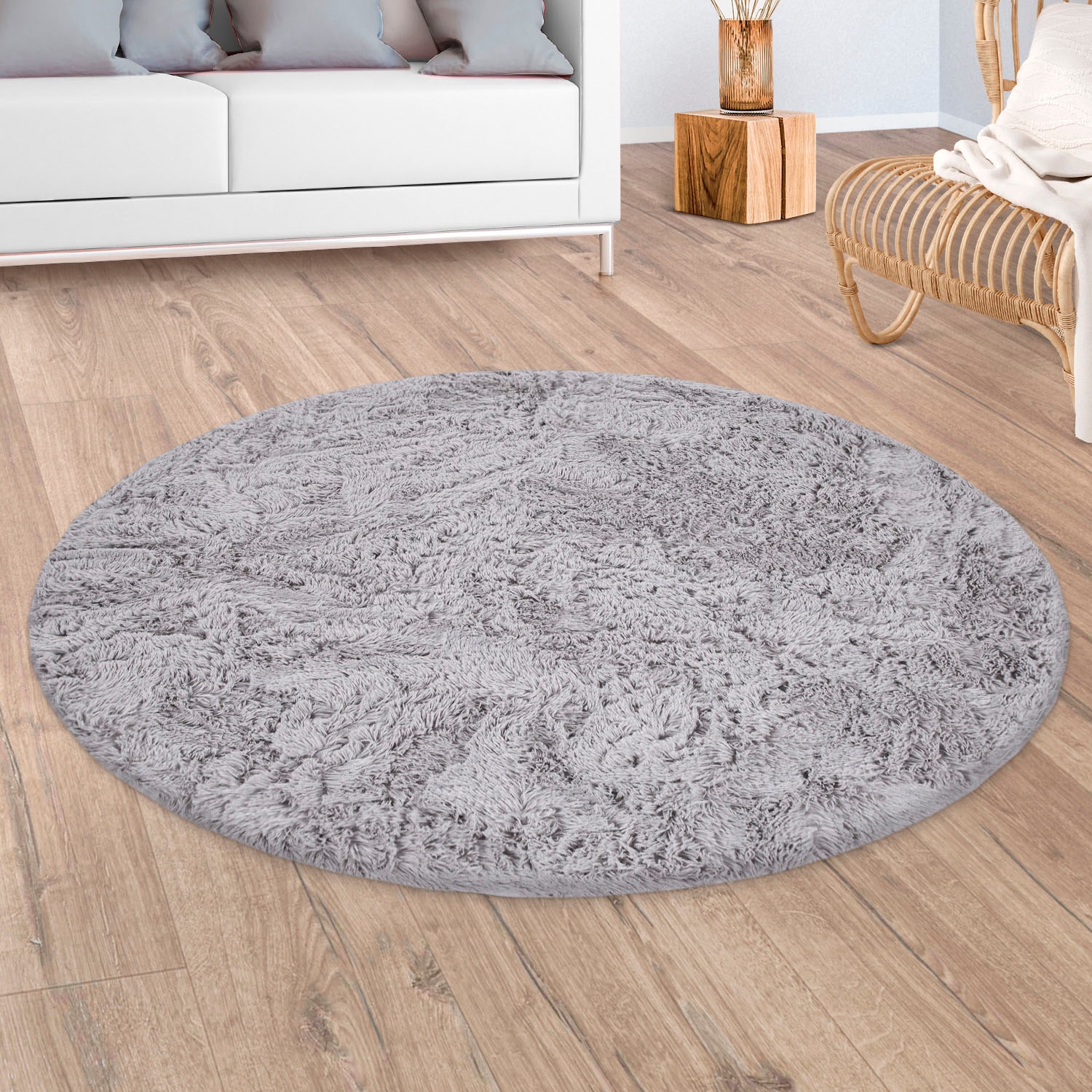 Paco Home Hochflor-Teppich "Silky 591" rund 37 mm Höhe Uni-Farben, besonders weich und kuschelig, Wohnzimmer