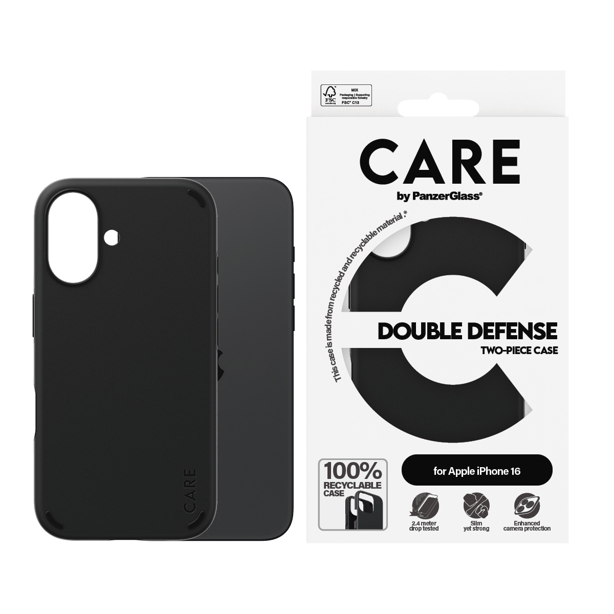 Handyhülle "Double Defence Case für Apple iPhone 16", Smartphones, schwarz, CARE BY PANZERGLASS, Hüllen, Backcover, Schutzhülle, Handyschutzhülle,