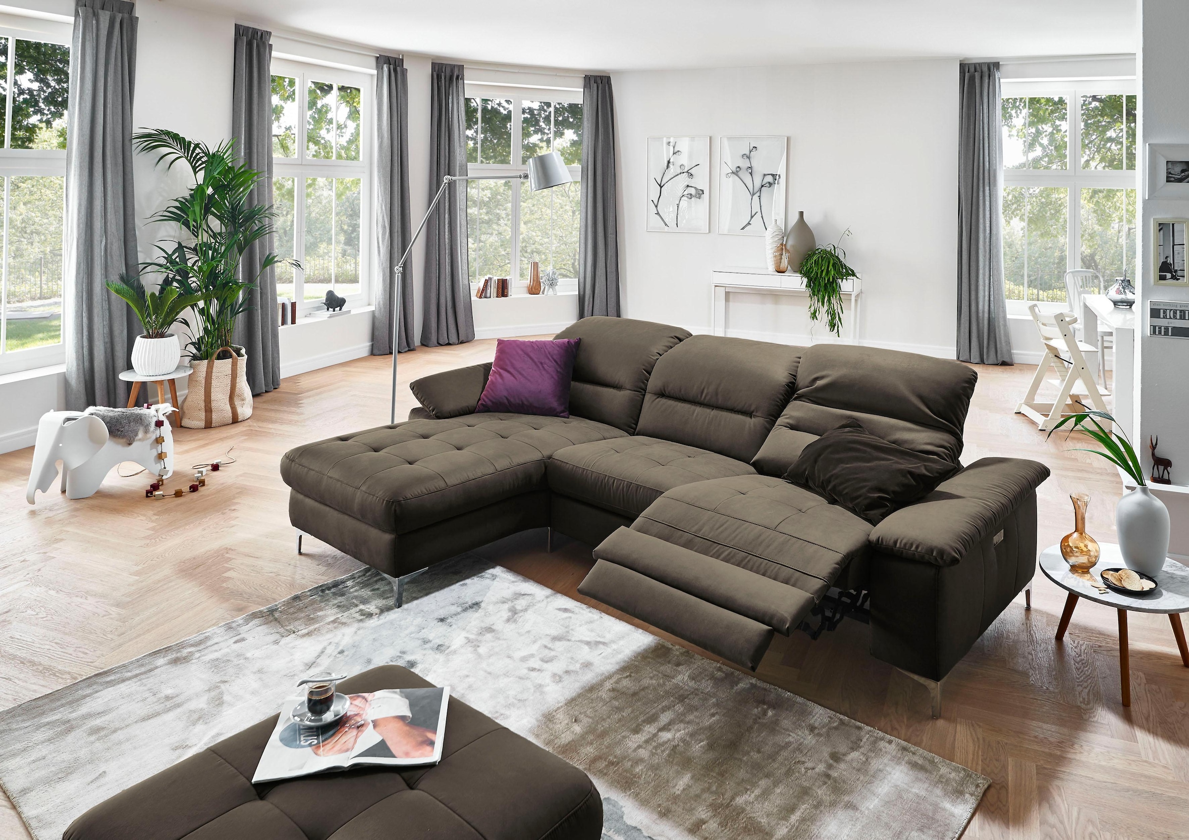 Places of Style Ecksofa »Basel L-Form«, mit vollmotorischer Relaxfunktion und motorischer Recamiere