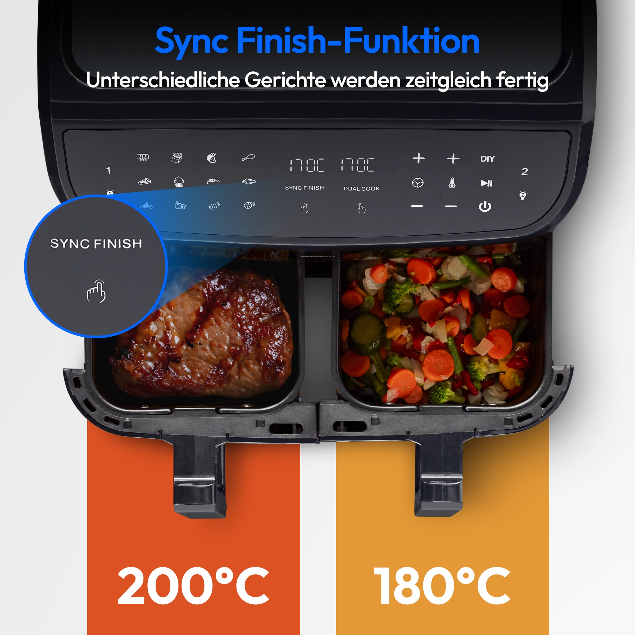 Medion® Heißluftfritteuse »P20 XL (MD 11760) 8,7 L Korbvolumen, 9 Automatikprogramme, Dual Cook«, 2400 W, Temperatur 50 - 200 °C, ILAG Beschichtung, Sync-Finish