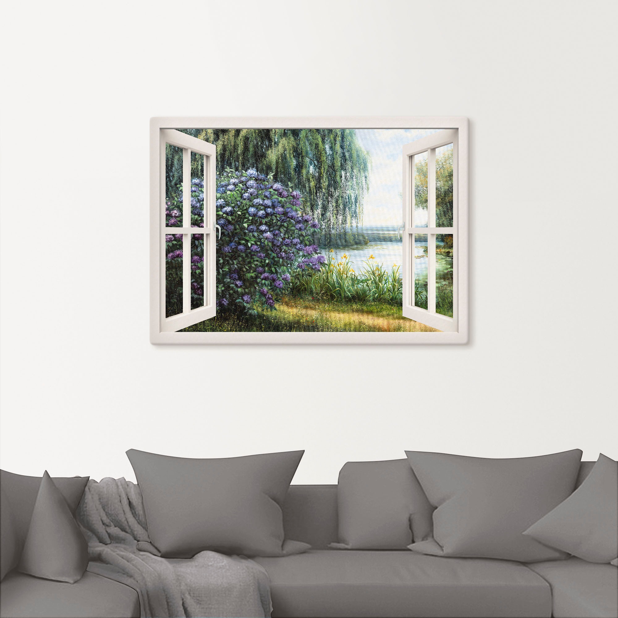 Thumbnail - Artland Leinwandbild "Hortensien am See" Fensterblick 1 Stk. tlg. als Leinwandbild, Poster, Wandaufkleber in verschied. ...