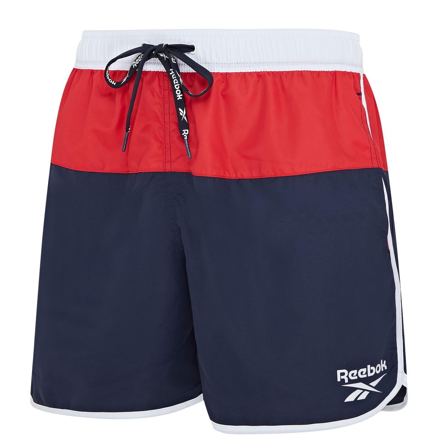 Badeshorts REEBOK "Troy", Herren, Gr. S, N-Gr, blau (navy, rot, whi), Microfaser, Polyester, unifarben, Badehosen Badeshorts, mit Kordelzug und elastischem Bund, mit Logo, schnell trocknend