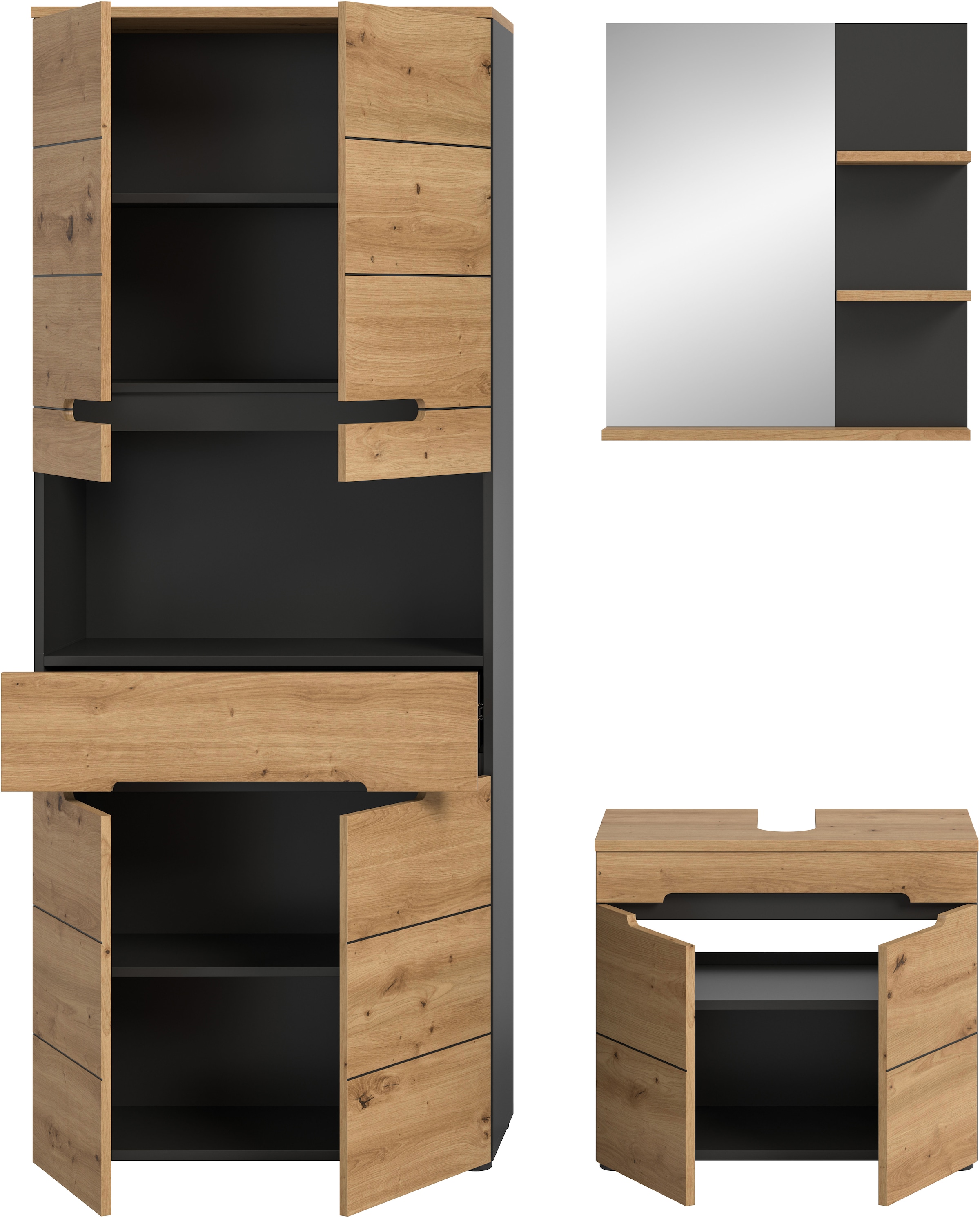 INOSIGN Badmöbel-Set »REHAT, 3-teilig, Breite 154 cm, mit grifflosen Fronten, bestehend aus:«, (3 St.), 1x Hochschrank, 1x Waschbeckenunterschrank & 1x Badspiegel