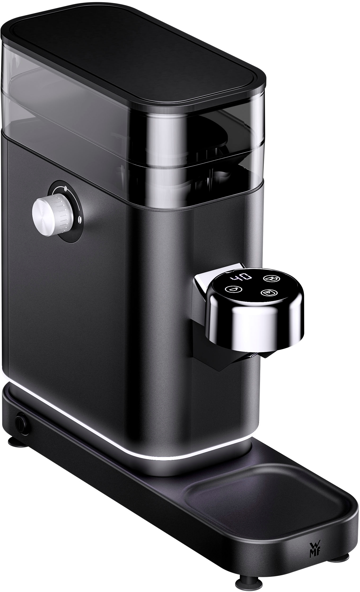 WMF "Lumero" 150 W Kegelmahlwerk 180 gBohnenbehälter 40 Mahlgrade, Edelstahlmahlwerk, LED-Display, 150 Watt, Cromargan