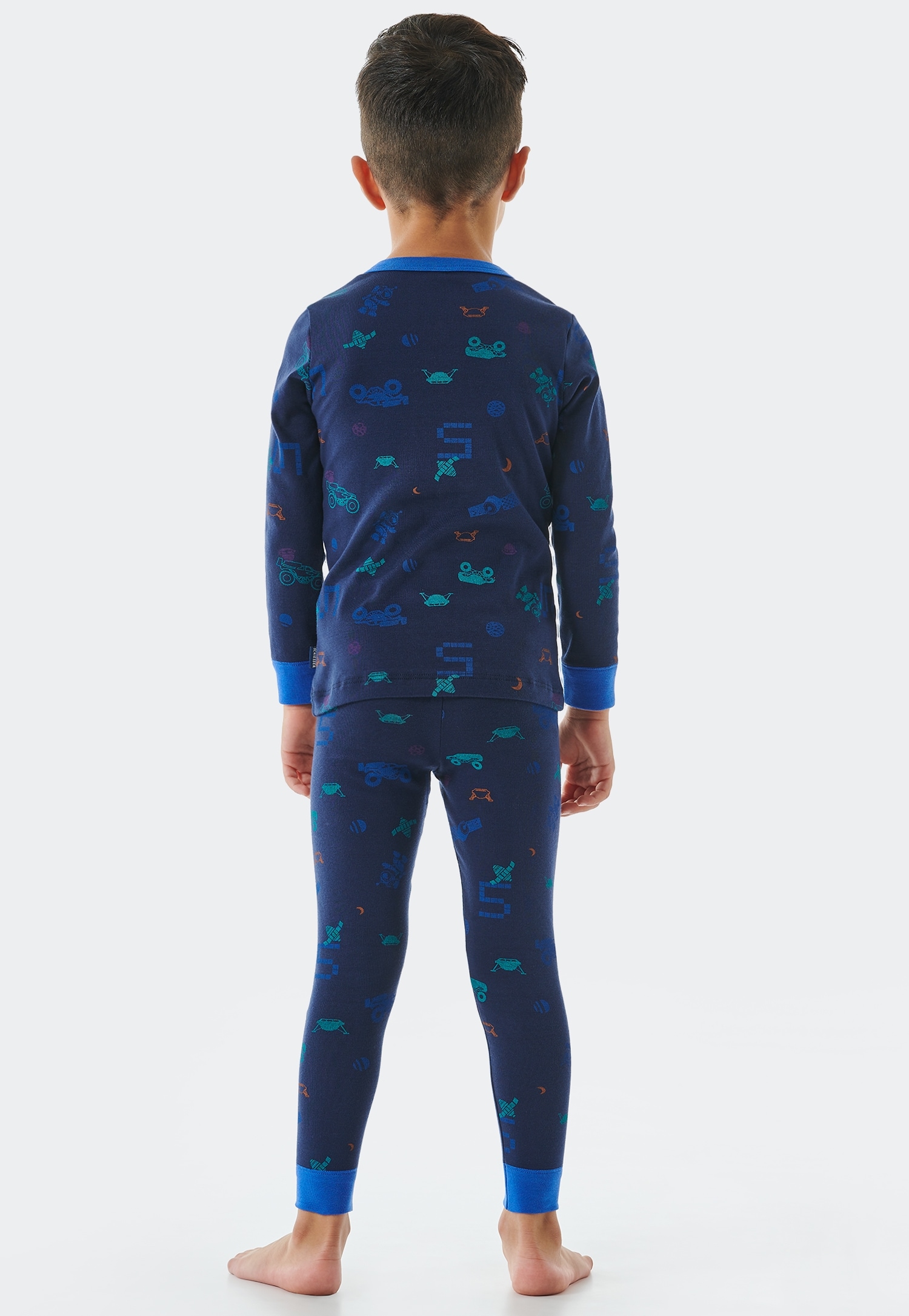 Schiesser Pyjama »"Boys World"«, (2 tlg.), cooles Allover-Muster aus Weltraum-Fahrzeugen und Pixeln