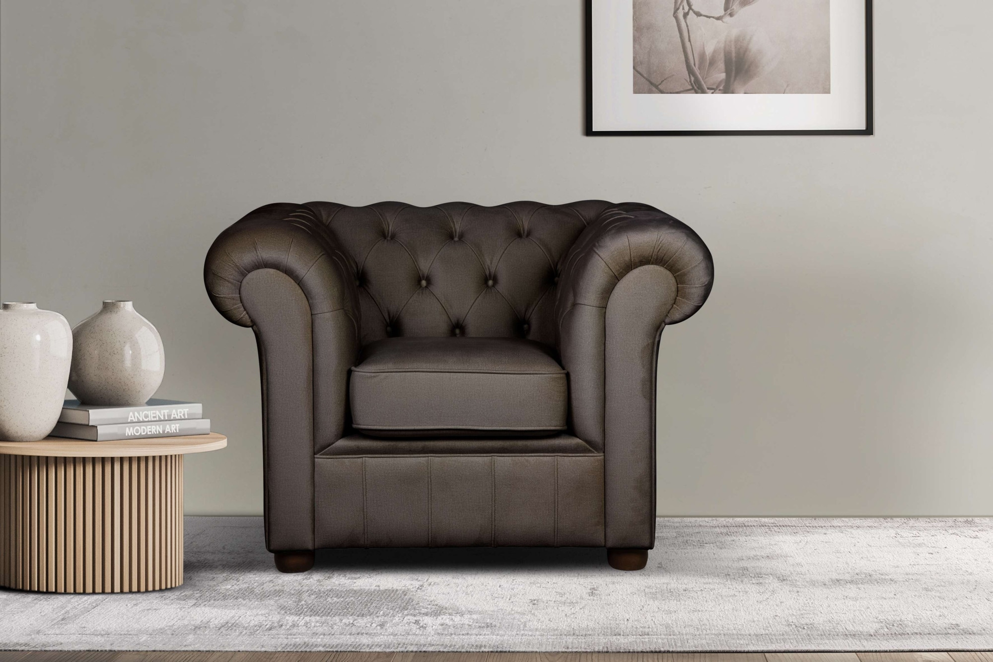 Sessel HOME AFFAIRE, B:105cm H:74cm T:89cm, braun, 100% Polyester, Wohnzimmer, Sessel, "CHARENTE, Chesterfield, Wellenfederung, Maße B/T/H: 105/89/74