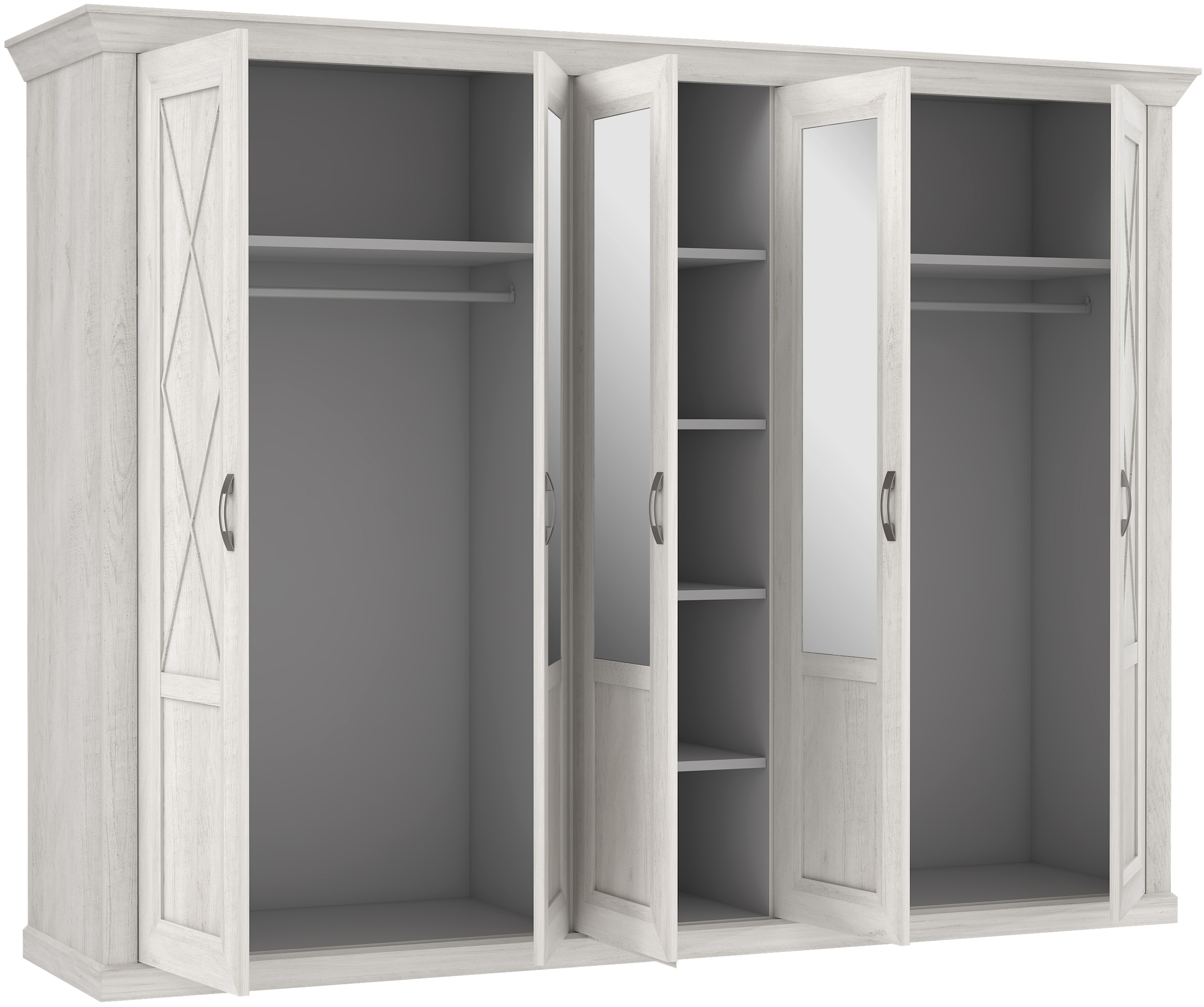 FORTE Drehtürenschrank »Kashmir, Landhausstil, inklusive edlem Passepartout-Rahmen«, (Maße (B/T/H): 268,5/63/206cm), mit Spiegel und dekorative Fräsungen und Elementen, Made in Europe