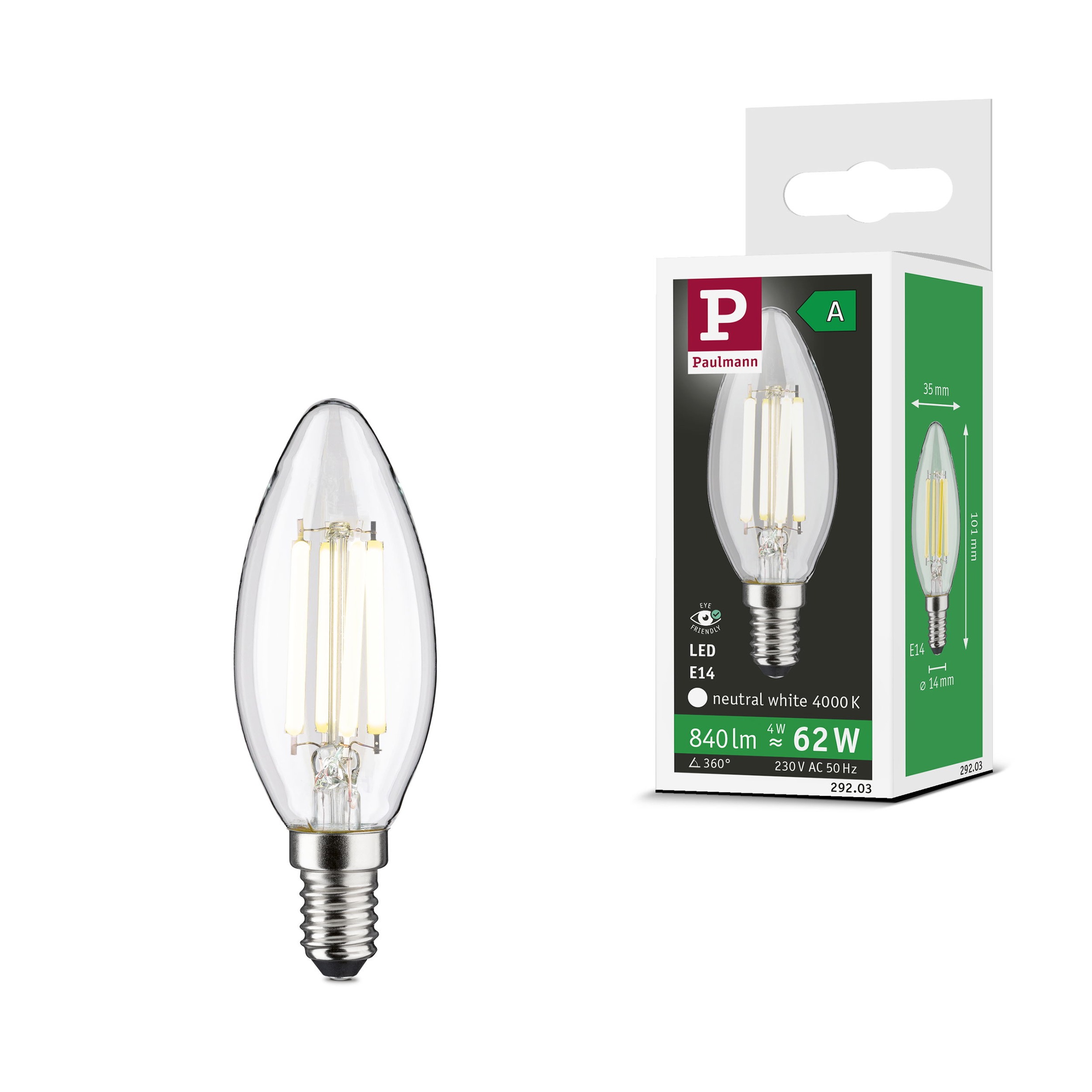 Paulmann LED-Leuchtmittel »Eco-Line Kerze 840lm 4W 4000K klar 230V« E14 1 Stk. Neutralweiß