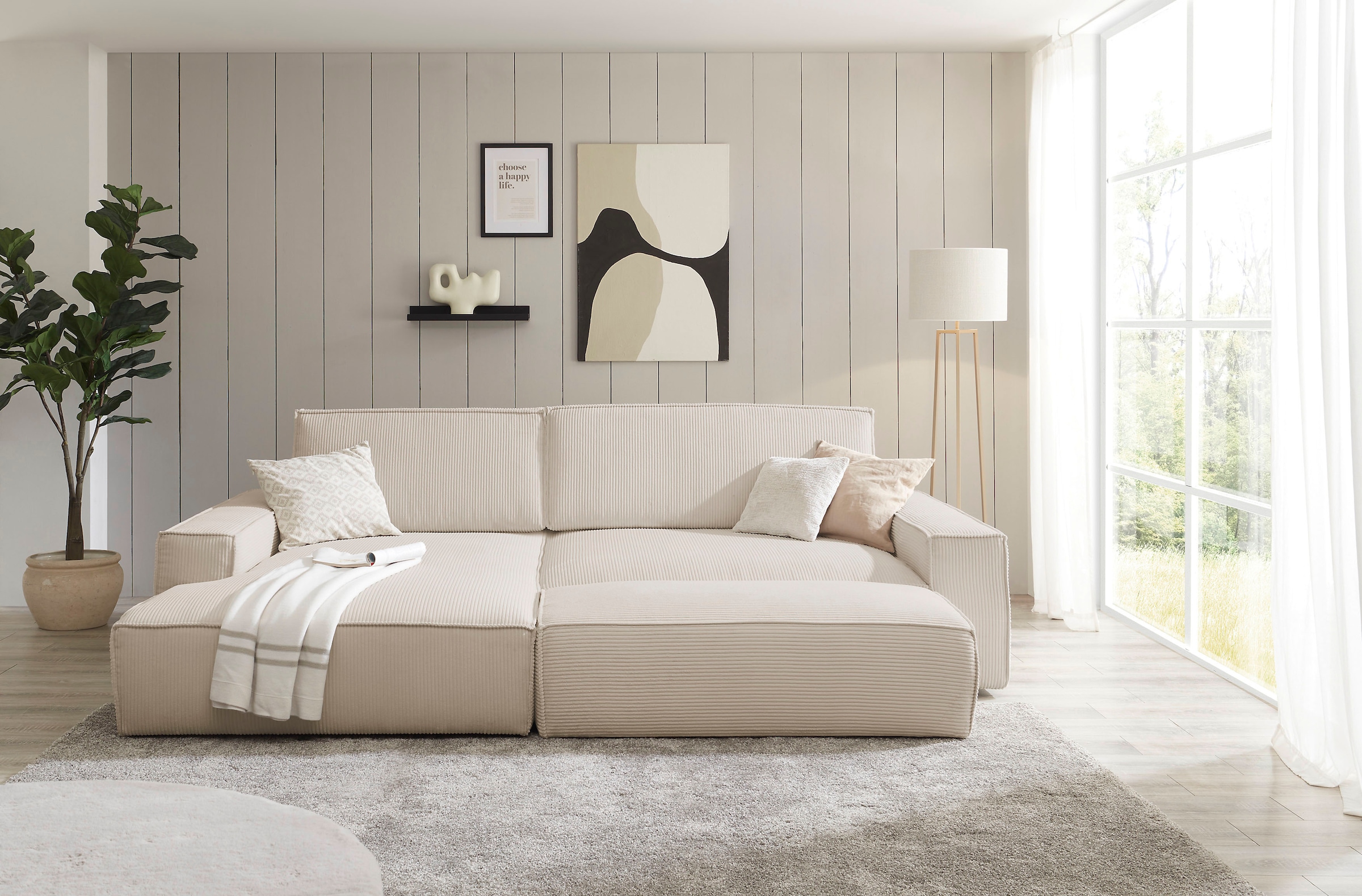 Home affaire Polsterecke »NEU: SHERWOOD XXL tief, L-Form mit Schlaffunktion, Big-Sofa mit Hocker«, (Set, 2 St.), stellbar zum Schlafsofa (Krokodilverbinder), Cord, Leinenoptik