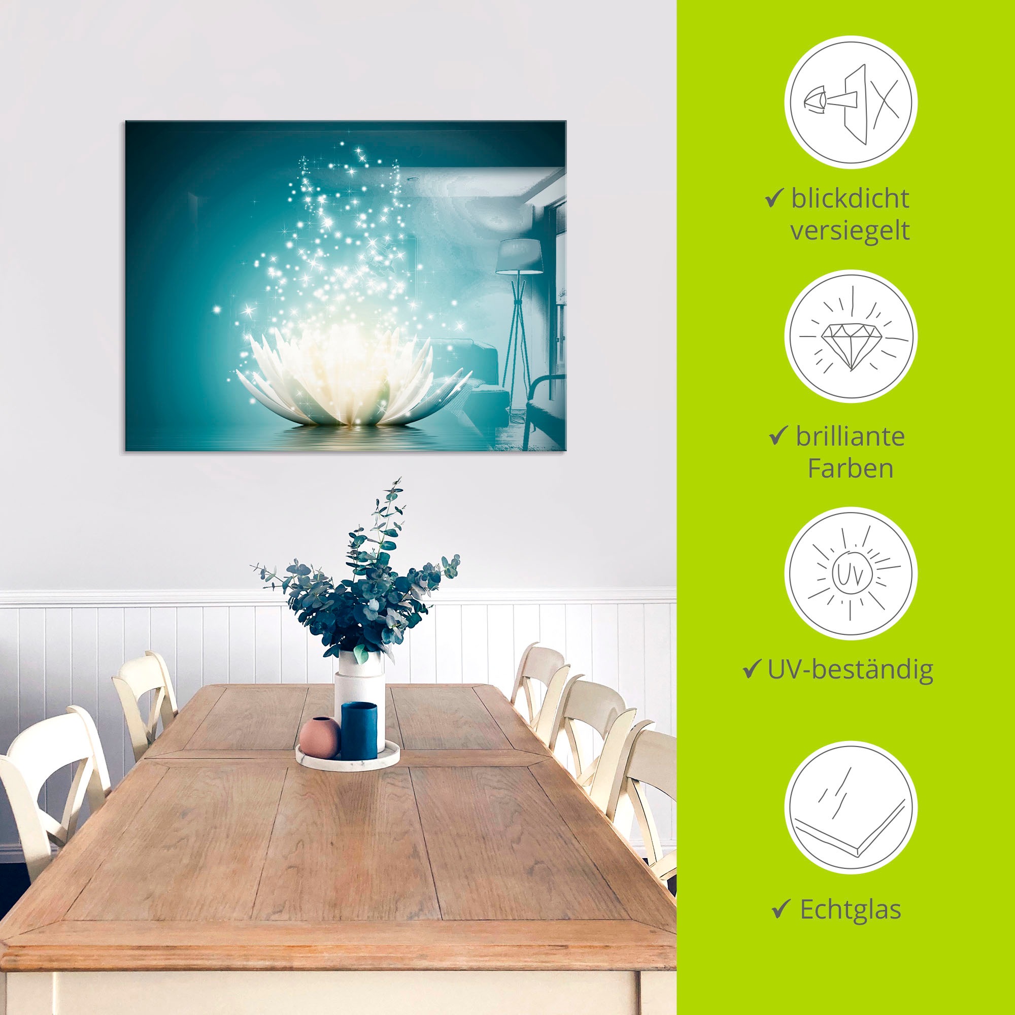 Glasbild ARTLAND "Magie der Lotus-Blume", blau (farbe bild(er): blau), B:100cm H:50cm, Bilder 3