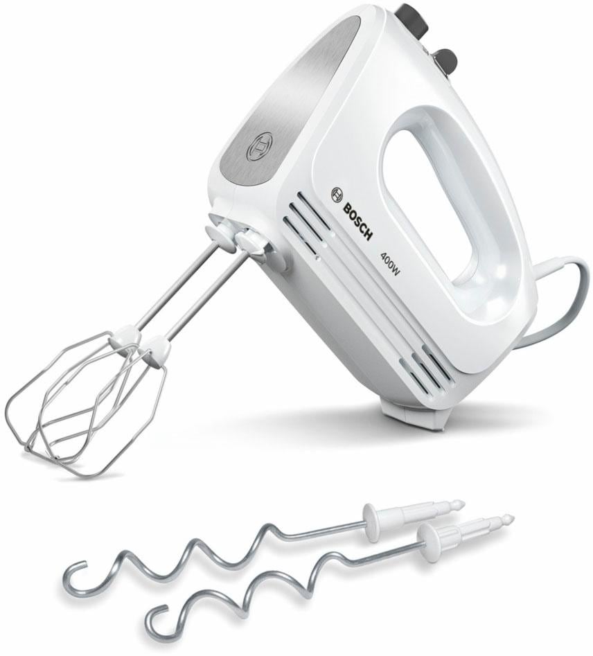 BOSCH Handmixer "CleverMixx MFQ24200, Edelst. Rührbesen/Knethaken, 4 Stufen, weiß", 400 W, Auswurftaste, leichtes Gehäus