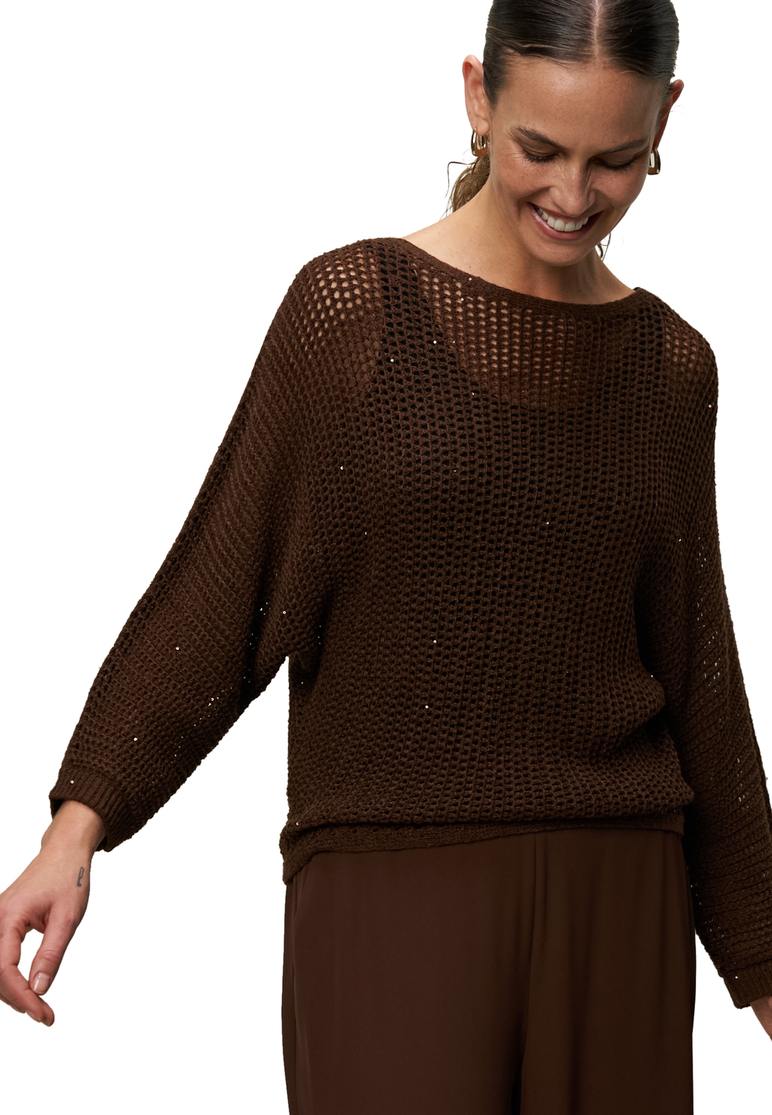 Zero Strickpullover »zero Lochstrick-Pullover mit Glitzersteinen«, (1 tlg.), Lochmuster