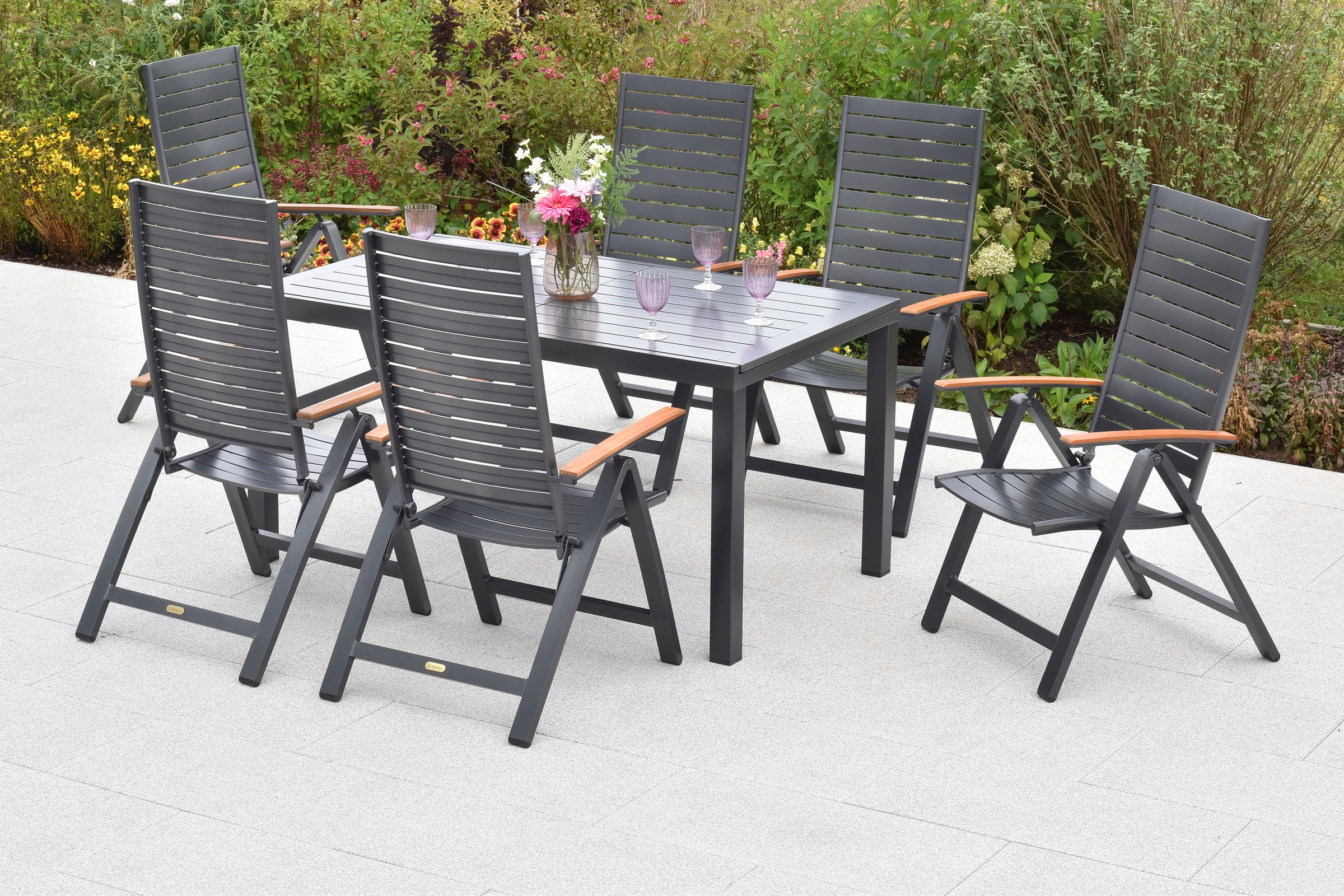 MERXX Garten-Essgruppe »»Astros««, (Set, 7 tlg., Tischplatte aus Aluminium, Armlehnen aus Akazienholz), Rückenlehne 5-fach verstellbar