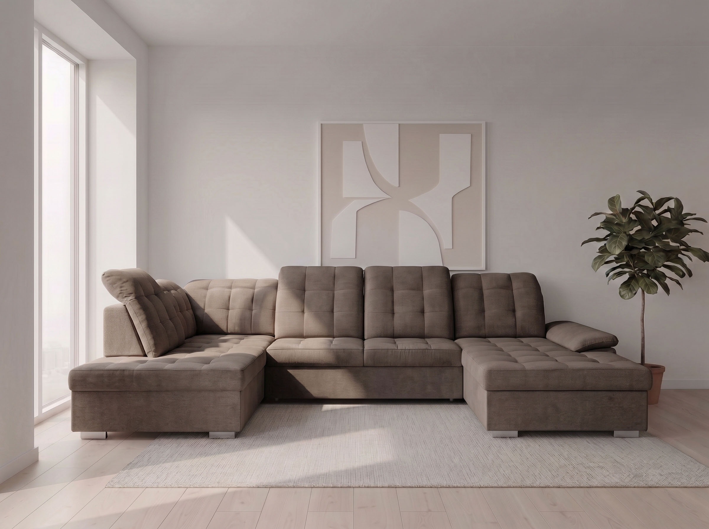 WERK2 Wohnlandschaft "Kordula-New 332 x 217 cm Multifunktion Couch modern und bequem" Struktur weich, U-Form, XXL, Sitztiefenverstellung, Schlaffunktion