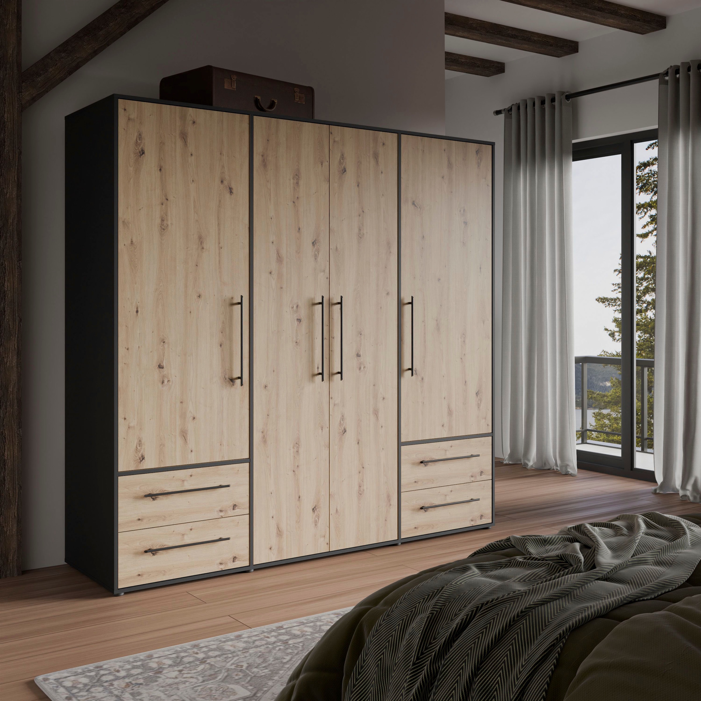 FORTE Drehtürenschrank »Mokkaris, TOPSELLER! 3 oder 4 Türen, zeitloses Design«, (BHT ca. 145x200x59cm oder BHT ca. 206x200x59cm), Schubladen + schwarze Stangengriffe, Made in Europe, viel Stauraum