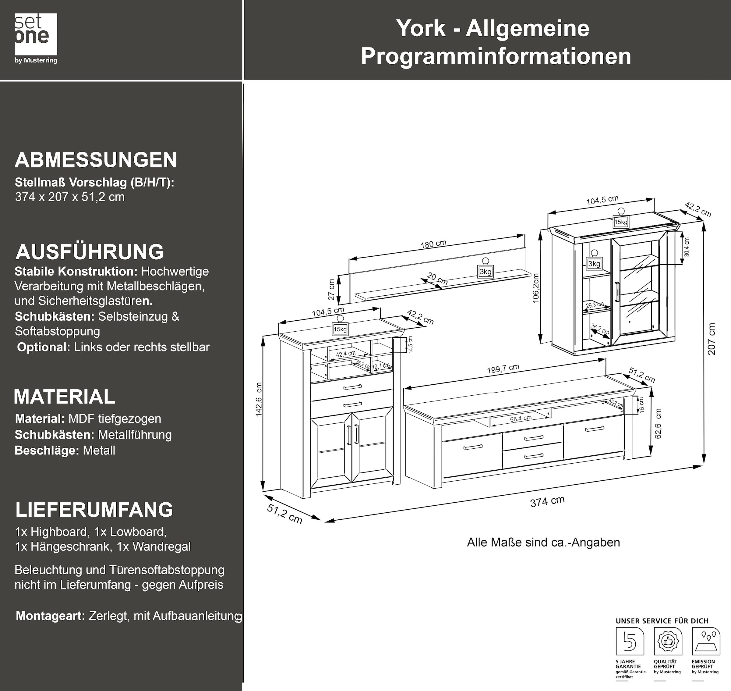 set one by Musterring Wohnwand »York« 4 Stk. tlg. Kombination 11, in 3 Farbvarianten, Gesamtbreite 374 cm