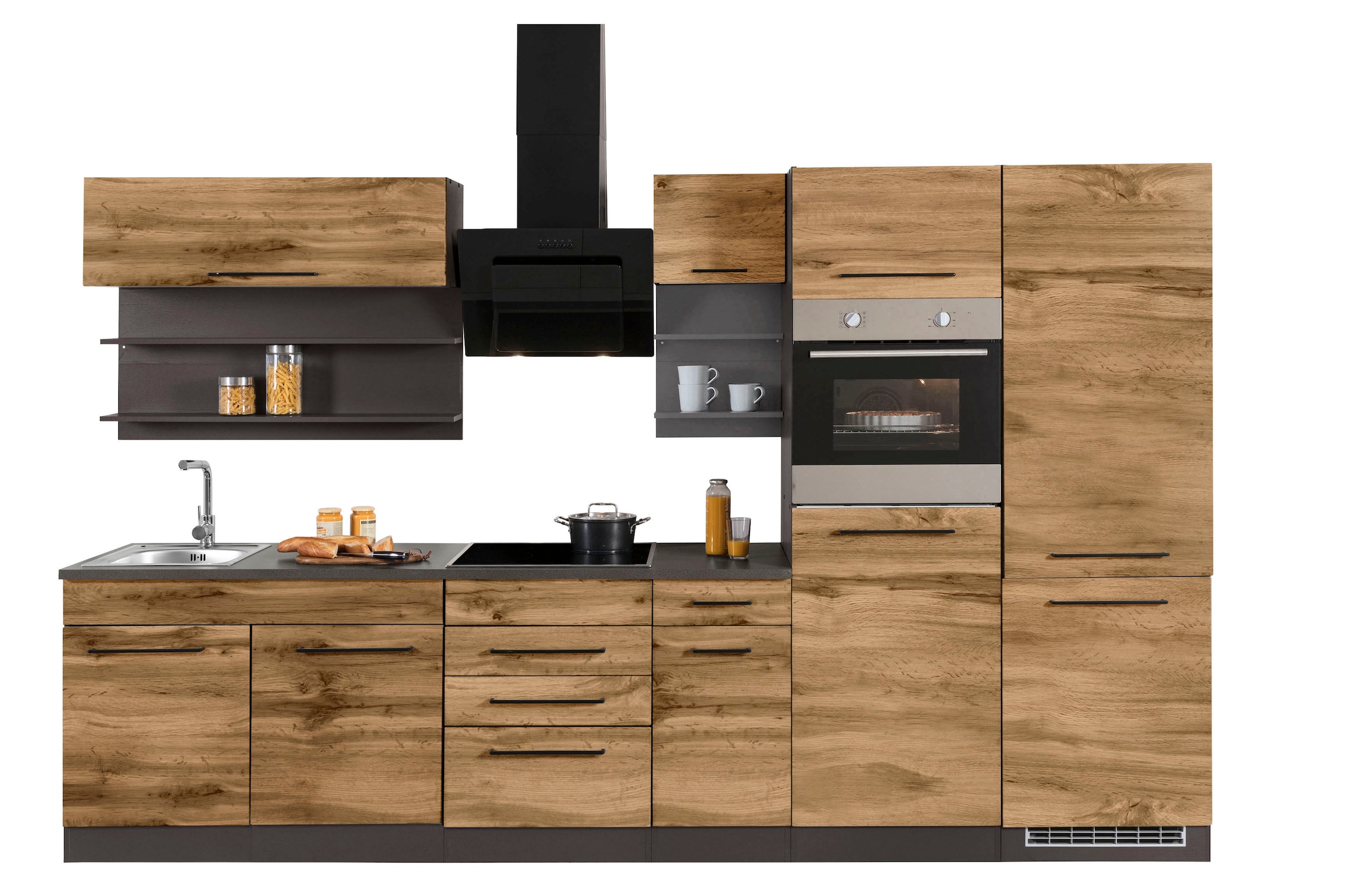 KOCHSTATION Küchenzeile "KS-Tulsa", mit E-Geräten, Breite 330 cm, schwarze Metallgriffe, MDF Fronten