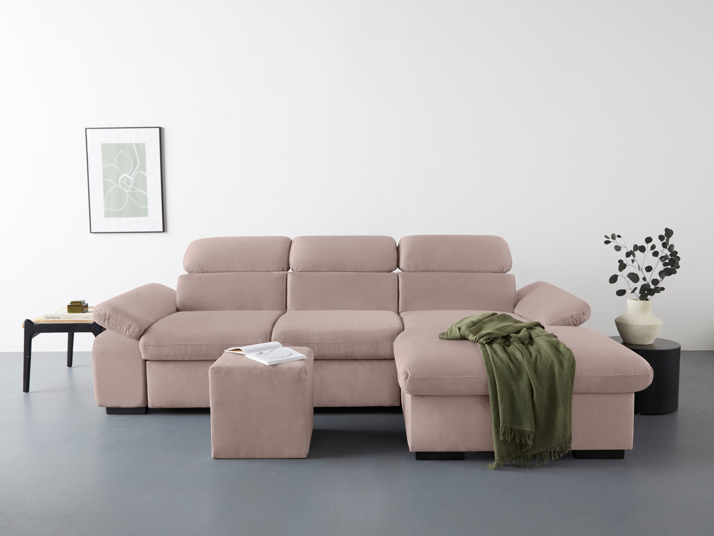 COTTA Ecksofa »Lola L-Form mit Kopfteilfunktion & Hocker«, (Set, mit Hocker), wahlweise mit Bettfunktion, Bettkasten & Armteilverstellung