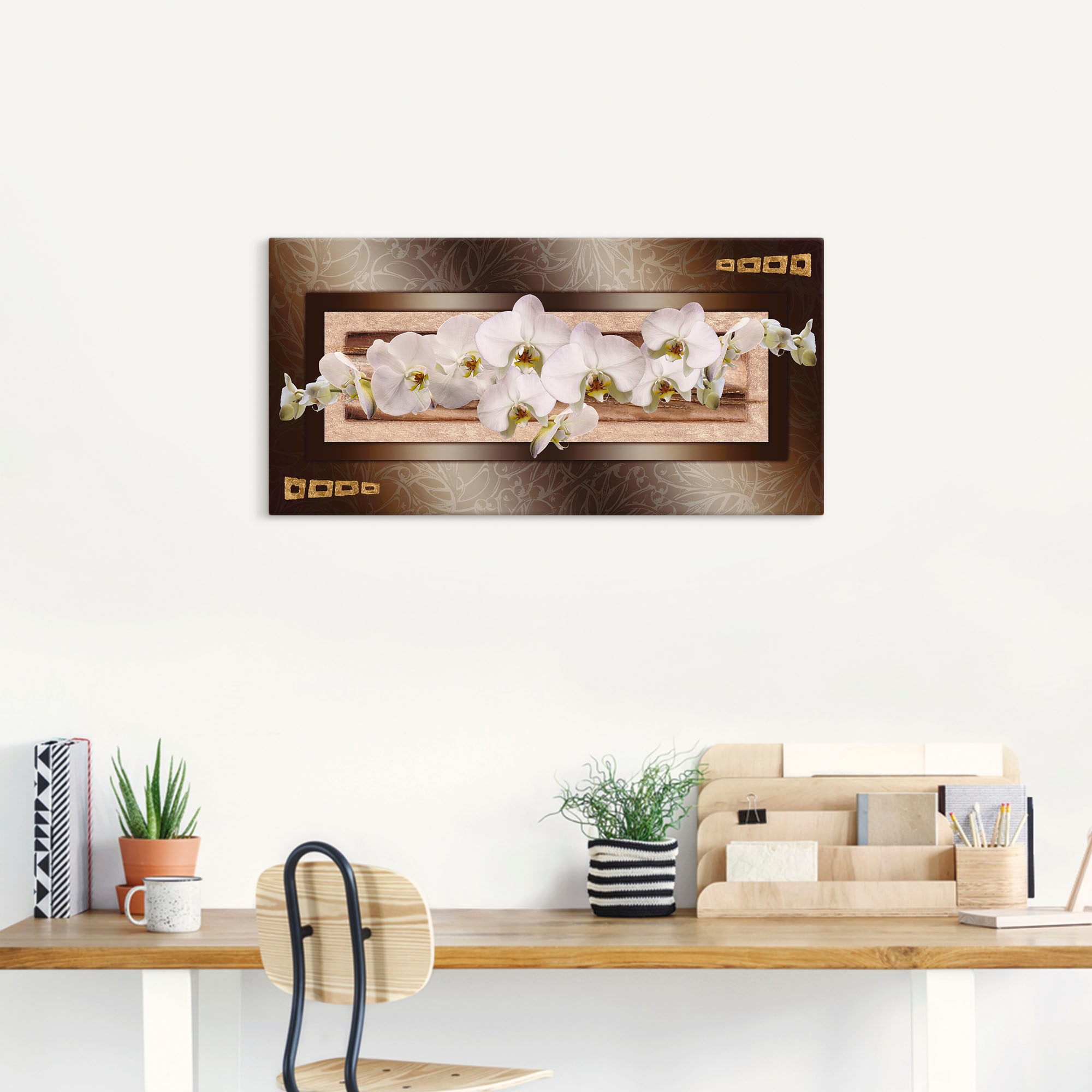 Artland Leinwandbild »Weiße Orchideen mit goldenen Vierecken«, Blumen, (1 St.), auf Keilrahmen gespannt