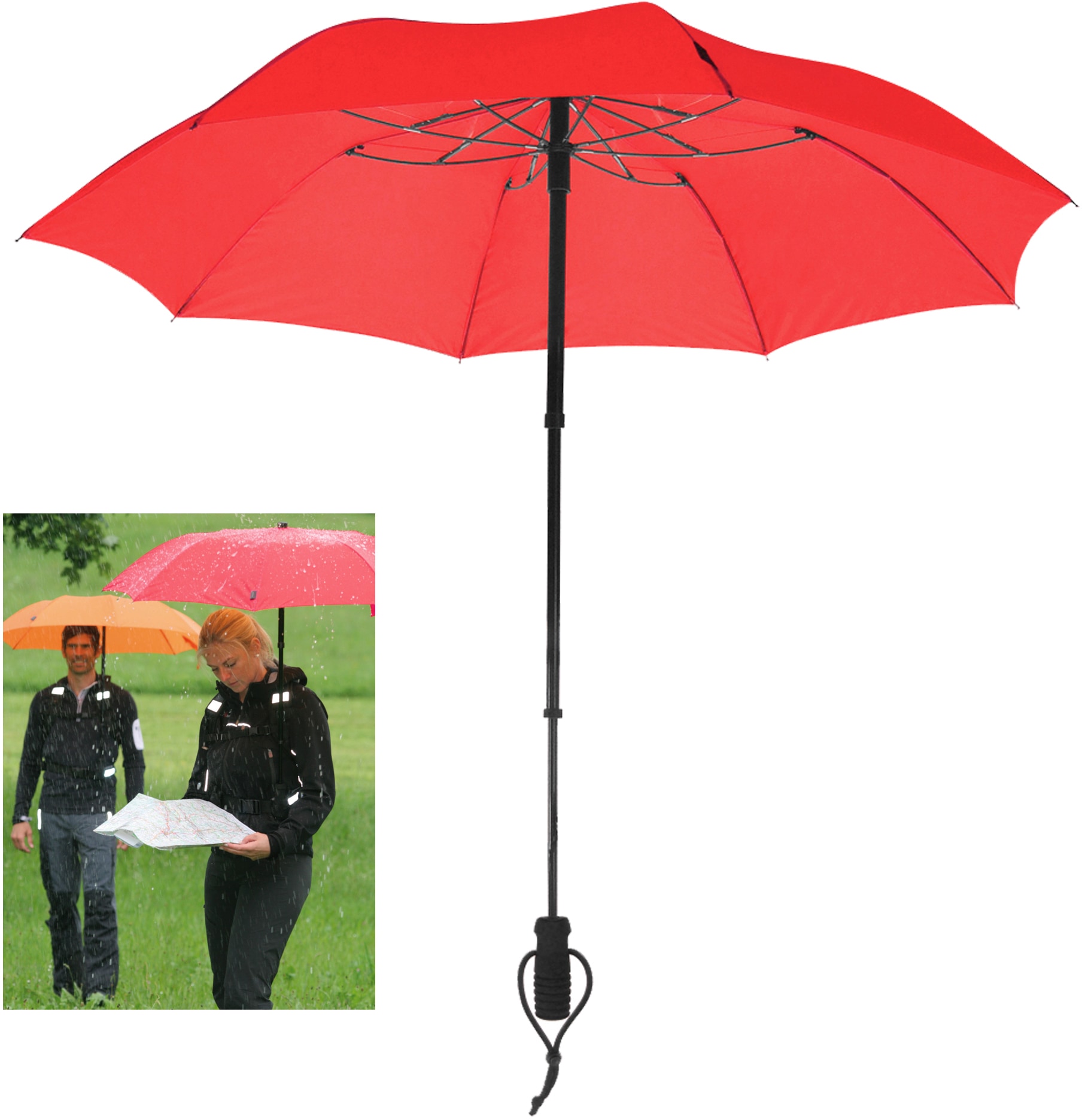 EuroSCHIRM Taschenregenschirm "teleScope handsfree, rot", zweifach ausziehbarer Schaft, handfrei tragbar