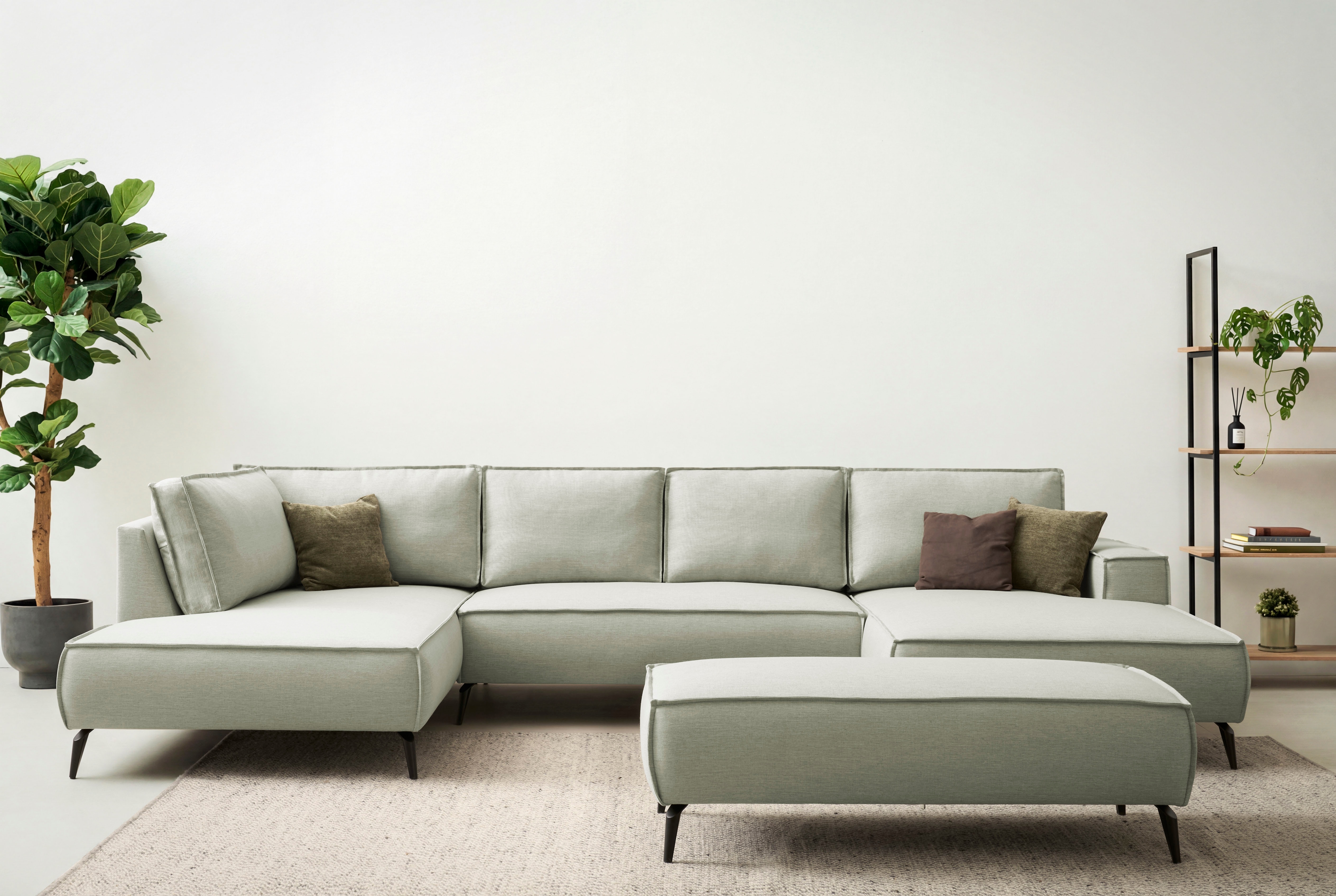 OTTO home Wohnlandschaft "TVINNU Leinenoptik, 354, mit Hocker" Recamiere rechts/links, stellbar zum Schlafsofa (Krokodilverbinder)