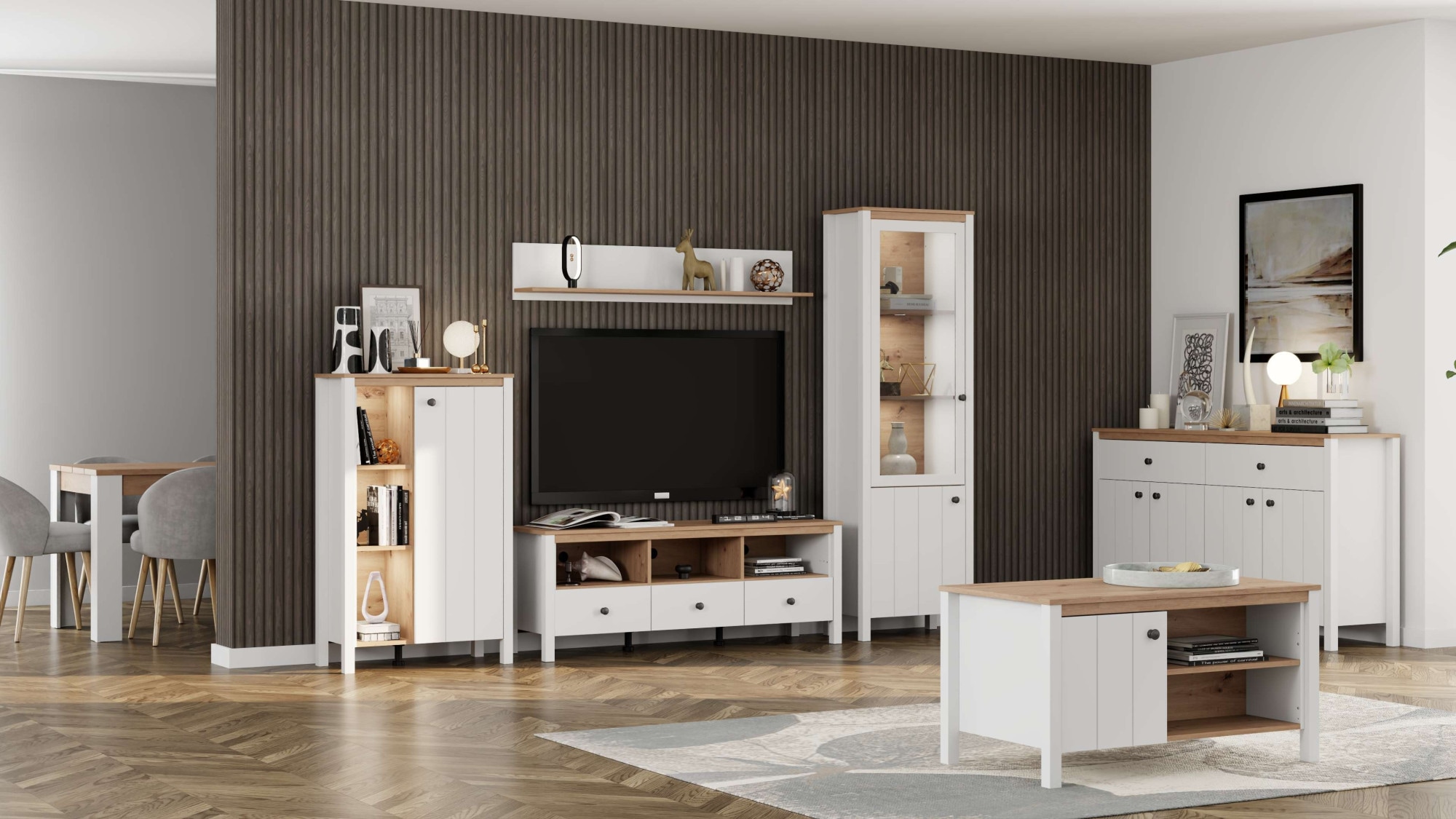 Home affaire Vitrine »BEDFORD Vitrinenschrank, Glasschrank, Standvitrine, Highboard« MDF-Profil 2D ummantelt, Hotstamping, 1mm ABS-Kanten, 4 Einlegeböden