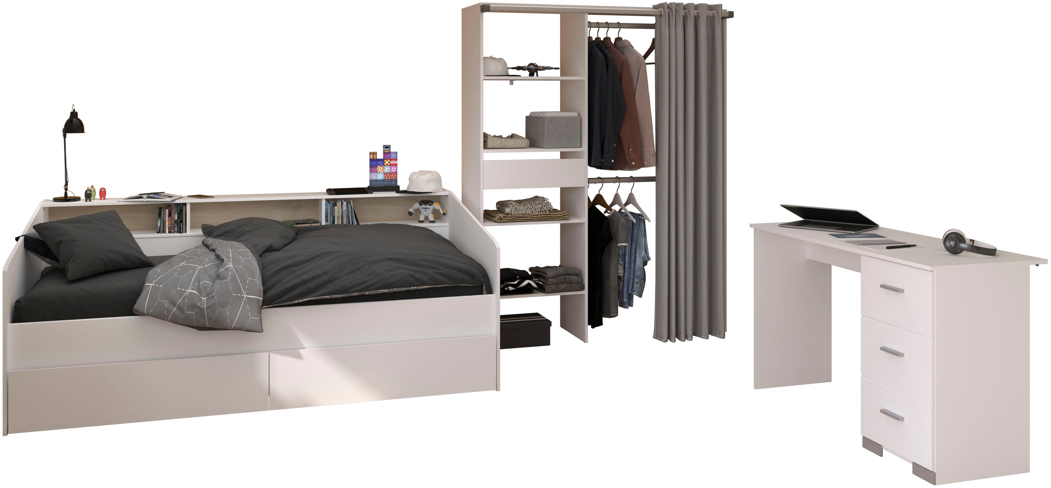 Parisot Jugendzimmer-Set "Parisot Sleep 12" Set, 3 tlg. Rückwand am Stauraumett drehbar - Weiß oder Eiche