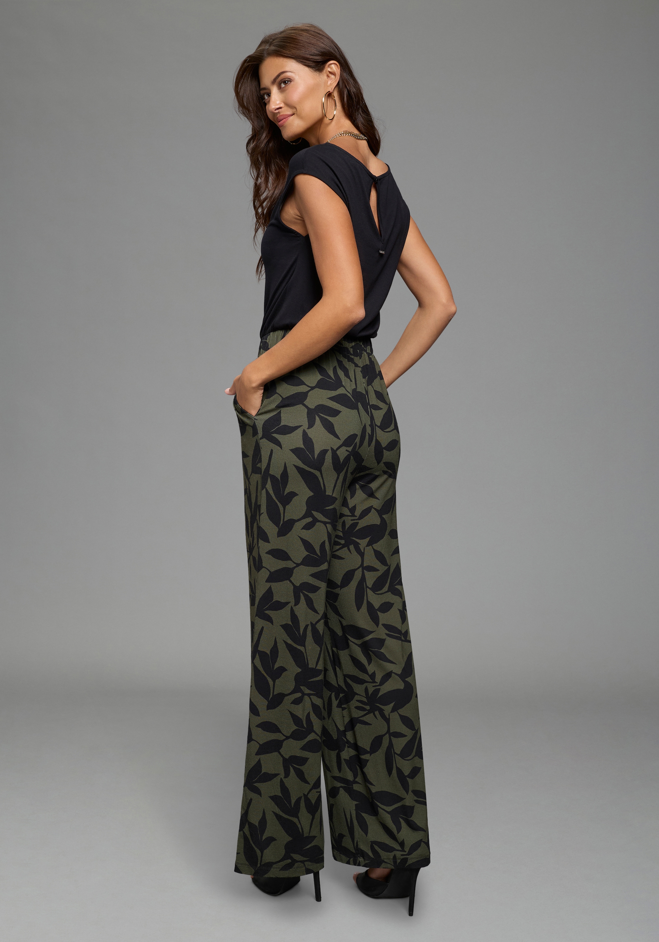 Laura Scott Jumpsuit 2-in-1-Look, einfarbiges Oberteil, geblümte Hose, Viskose-Jersey