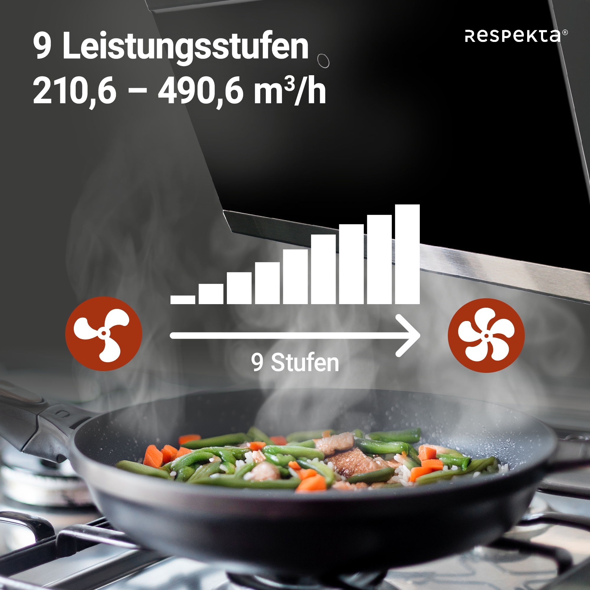 RESPEKTA Kopffreihaube, 90 cm, 9 Leistungsstufen, LED-Beleuchtung, Ab- und Umluftfähig