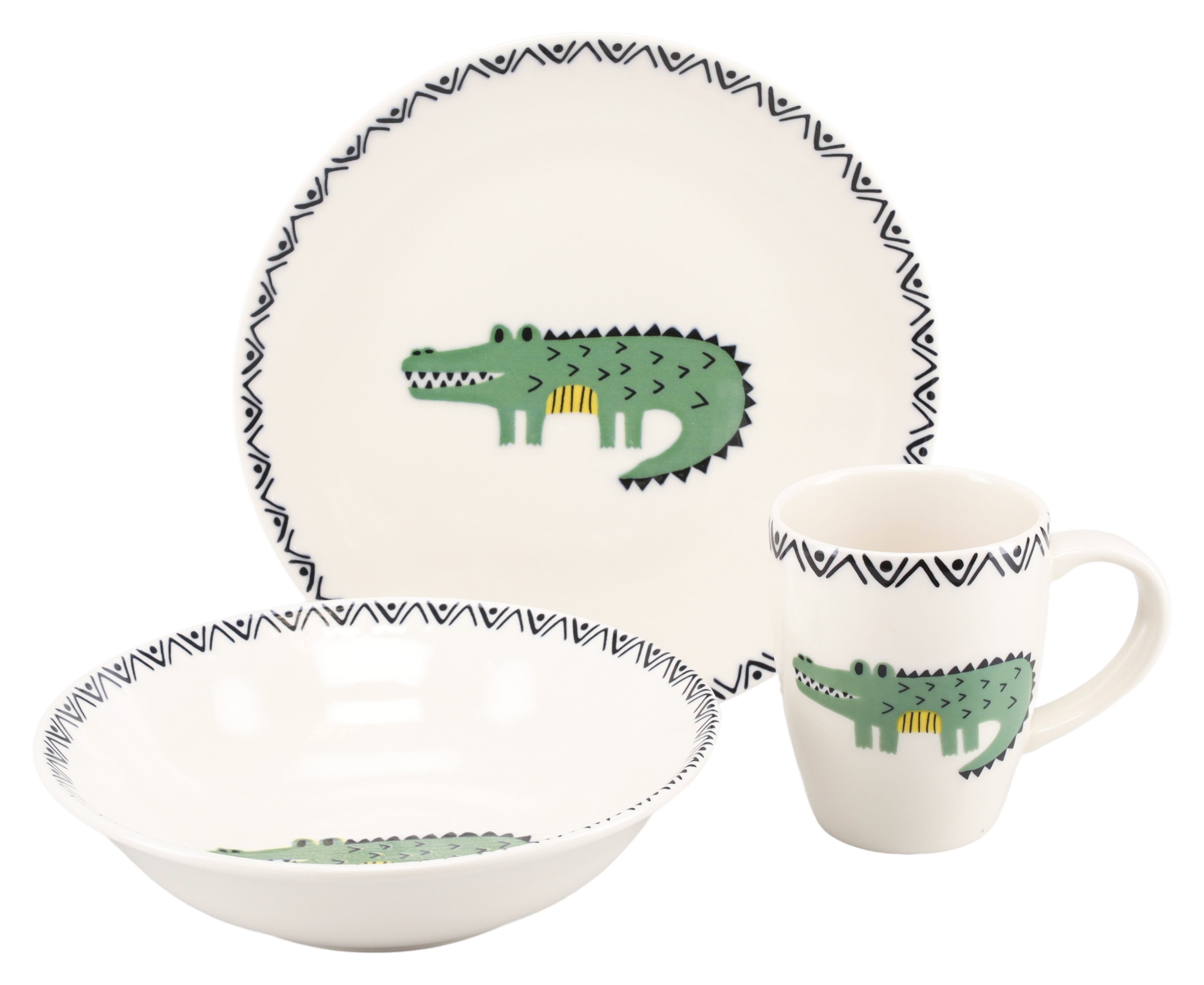 CreaTable Kindergeschirr-Set "Safari Krokodil, Kinder Set 3-tlg." gezeichnete Tiermotive, skandinavischer Stil, Ethno-Style Motive