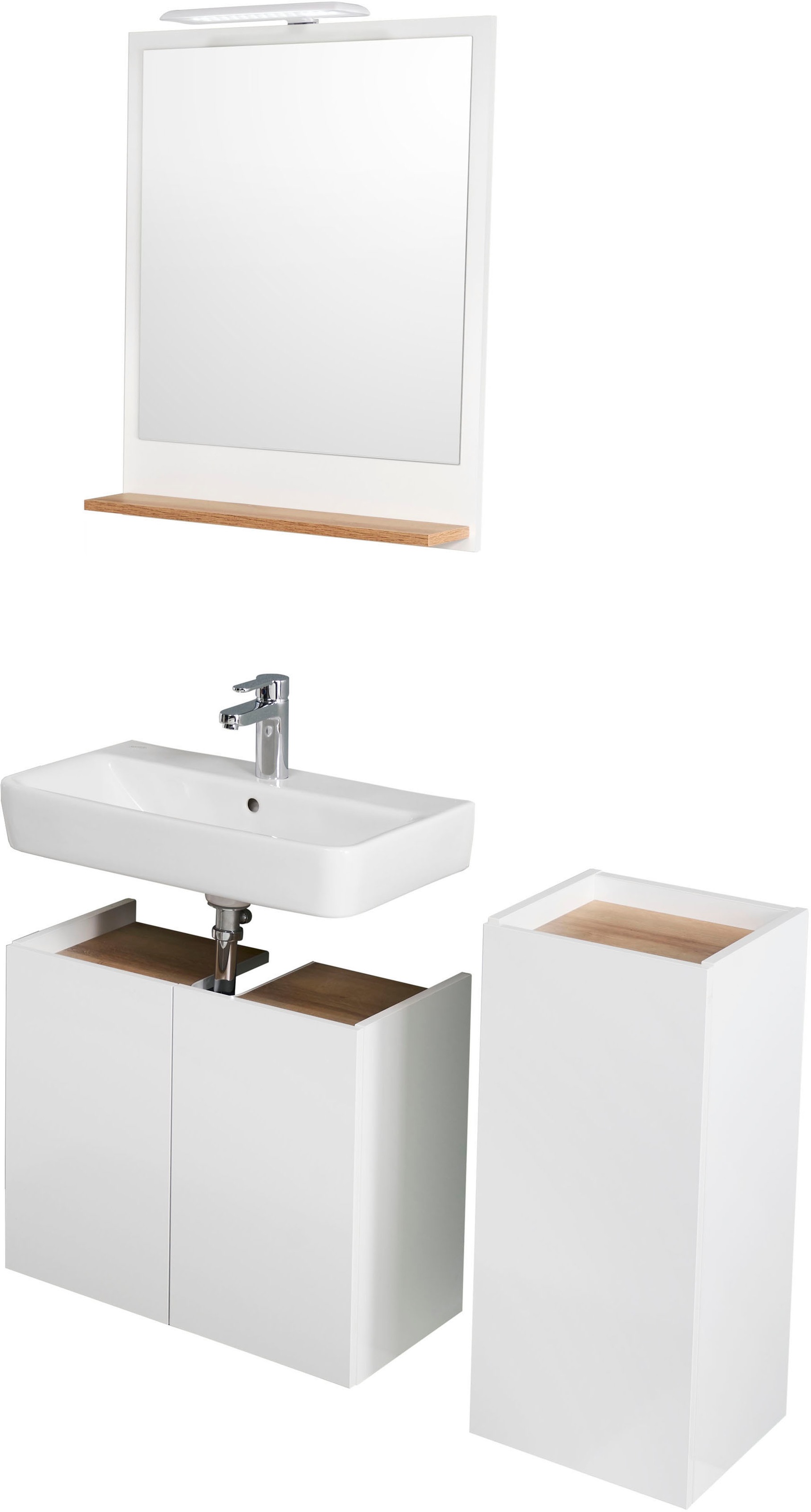 Saphir Badmöbel-Set »Quickset 947 3-teilig, Waschbeckenunterschrank mit Spiegel«, (4 St.), Unterschrank, 3 Türen, 1 Einlegeboden, inkl. Türdämpfer, Weiß Glanz